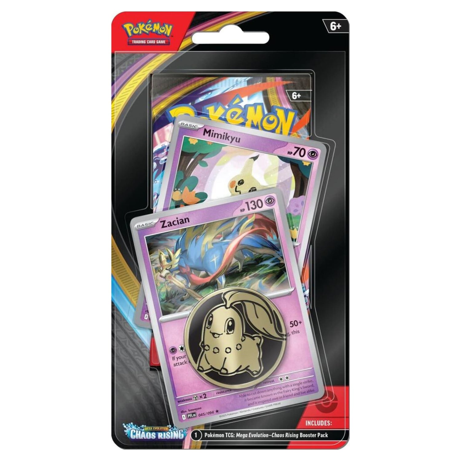 Sealed Pokémon blister showing Zacian and Mimikyu promo cards, a metal coin, and a Chaos Rising booster pack.