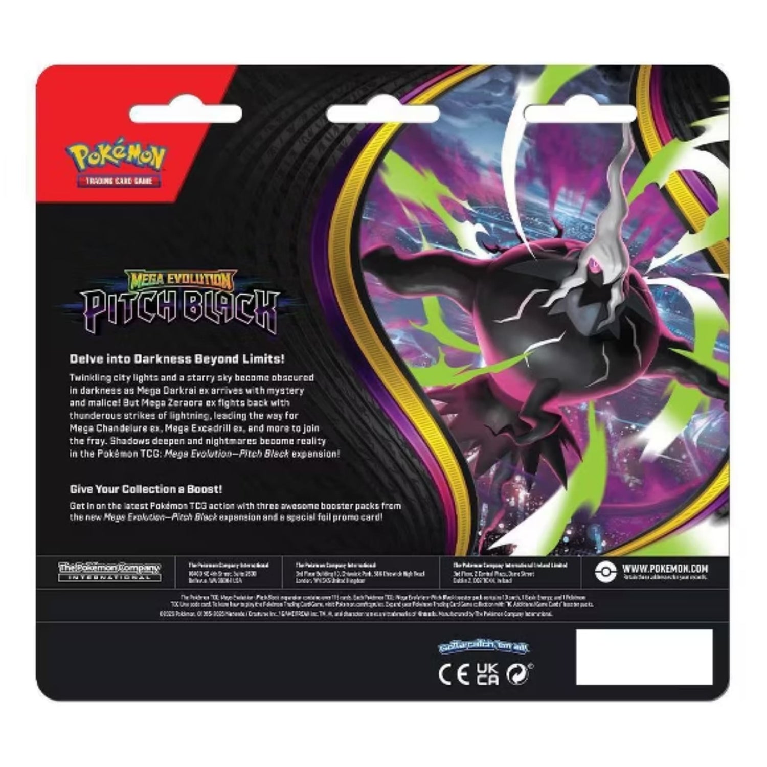 Sealed Pokémon TCG Mega Evolution—Pitch Black retail blister showing three booster packs and a foil promo card (Binacle visible)