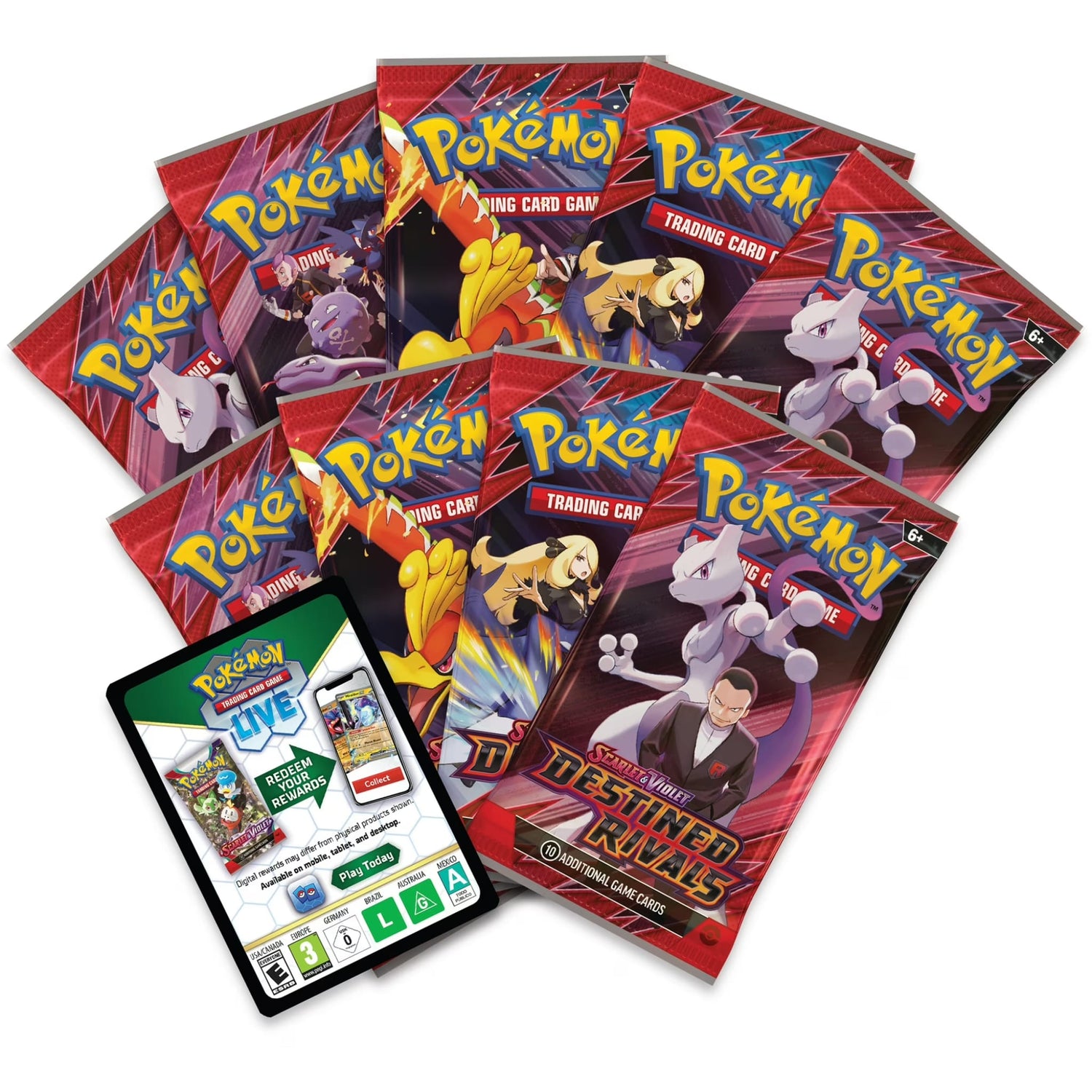 Factory-sealed Pokémon Scarlet & Violet Elite Trainer Box with red-and-black Team Rocket/Mewtwo artwork and sealed booster pack art