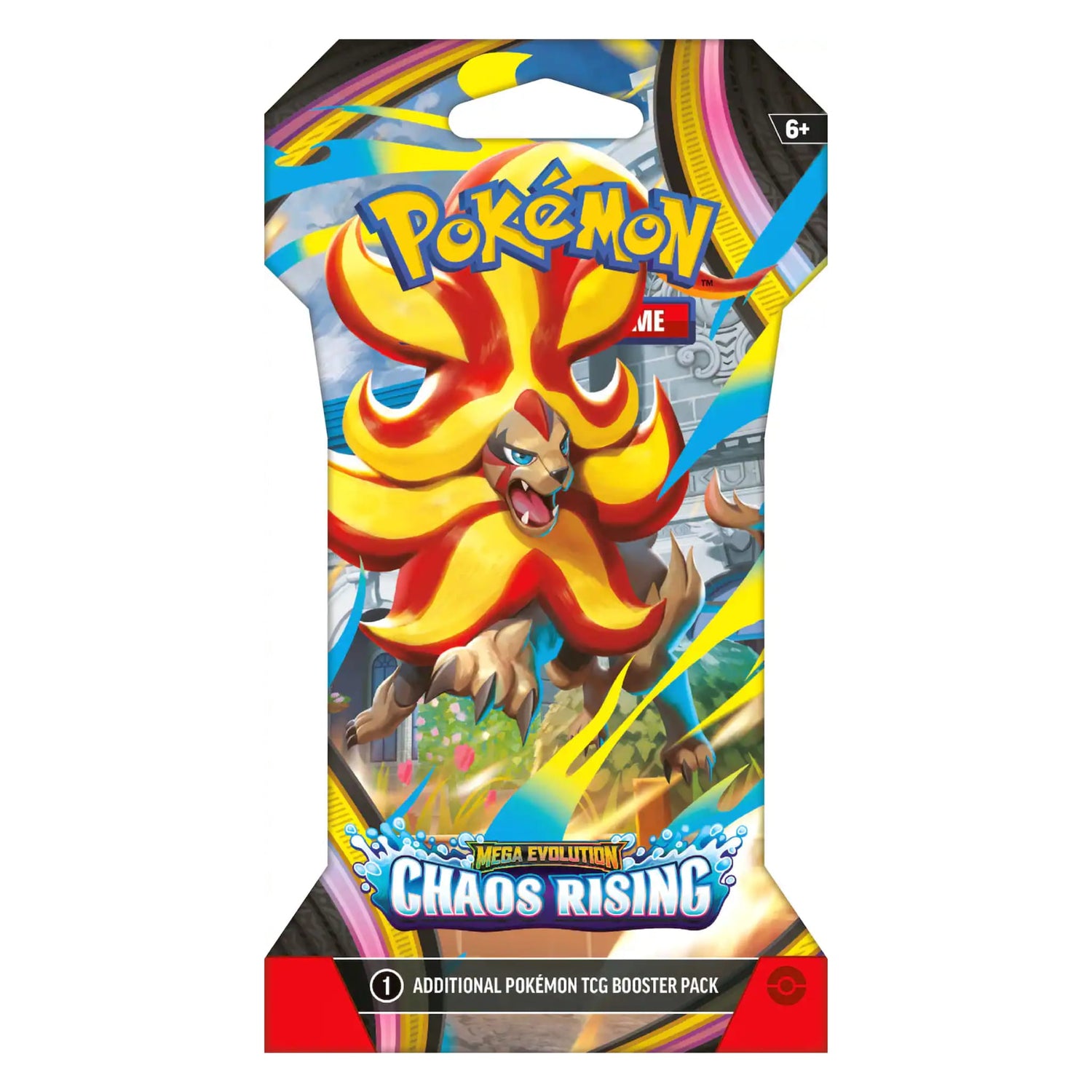 Sealed Pokémon TCG Mega Evolution Chaos Rising sleeved booster pack featuring Mega Greninja, Mega Floette, Mega Pyroar and Mega Dragalge artwork
