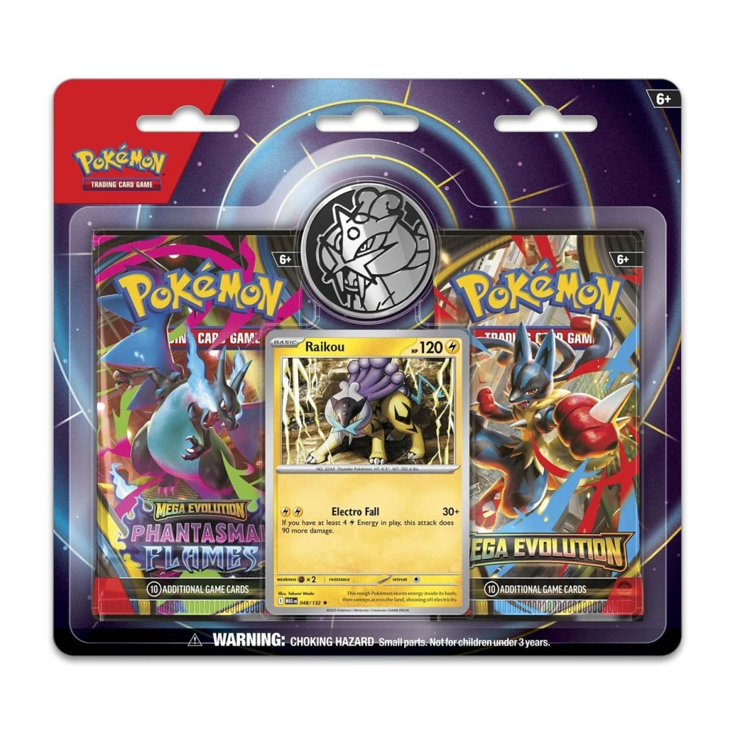 Sealed Pokémon TCG blister pack showing a foil Raikou promo card, a metallic coin and two booster packs