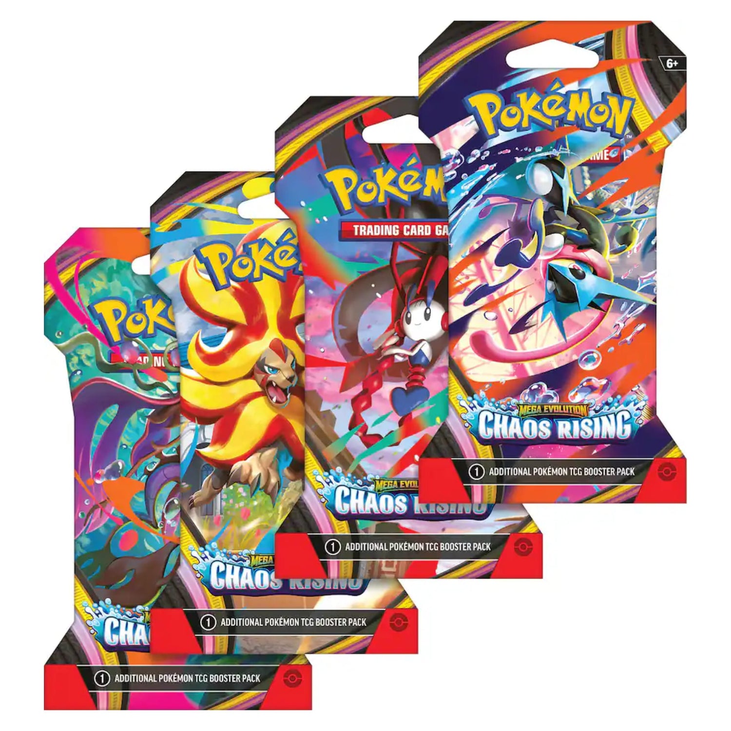 Sealed Pokémon TCG Mega Evolution Chaos Rising sleeved booster pack featuring Mega Greninja, Mega Floette, Mega Pyroar and Mega Dragalge artwork