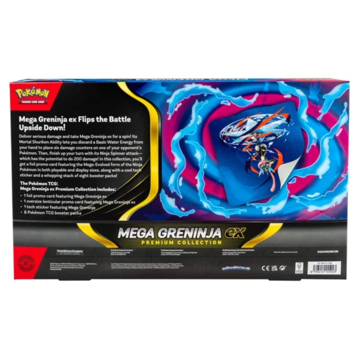 Sealed Mega Greninja ex Premium Collection box showing foil promo card, oversize lenticular card, sticker and booster packs