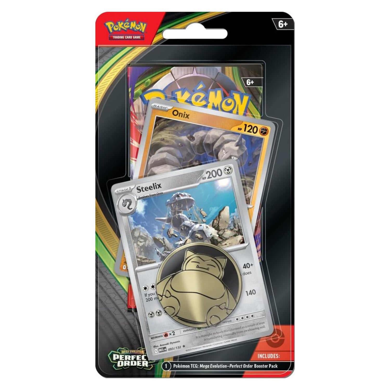 Sealed Pokémon TCG premium blister showing Onix and Steelix cards, a collector coin, and Mega Evolution — Perfect Order branding.