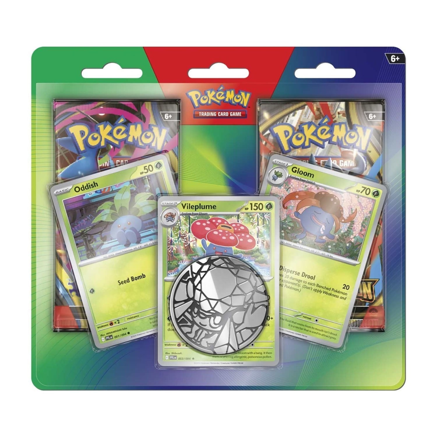 Sealed Pokémon TCG blister showing foil Oddish, Gloom and Vileplume cards, a metallic coin and two booster packs