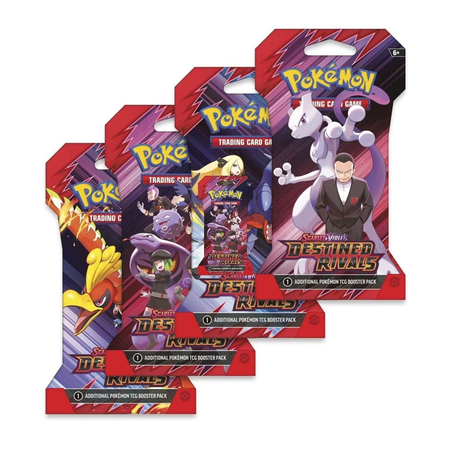 Pokémon Scarlet & Violet — Destined Rivals booster pack artwork featuring Team Rocket and other characters; single sleeved booster pack with random art.