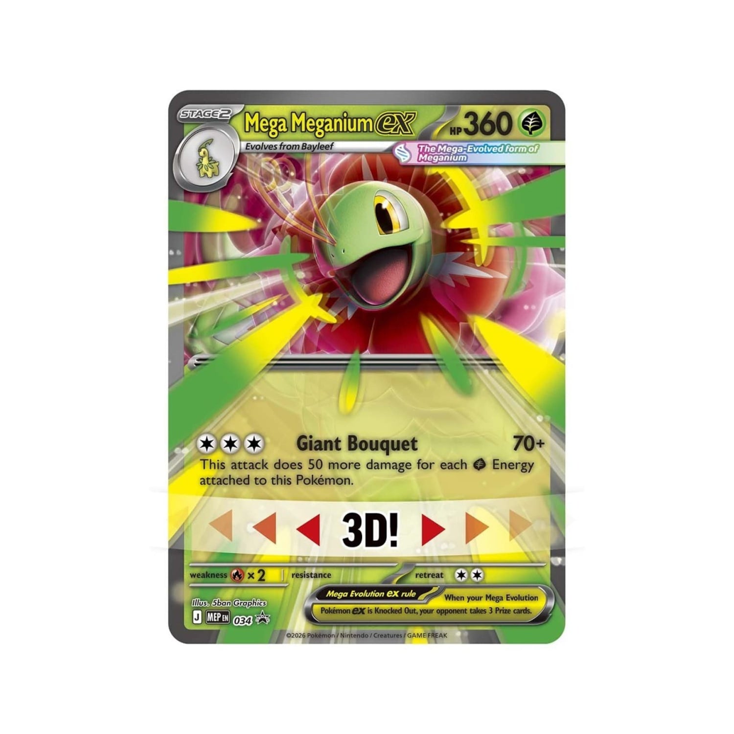 Windowed Pokémon TCG Mega Meganium ex Box showing the Mega Meganium ex foil promo, oversize lenticular card, and four Ascended Heroes booster packs
