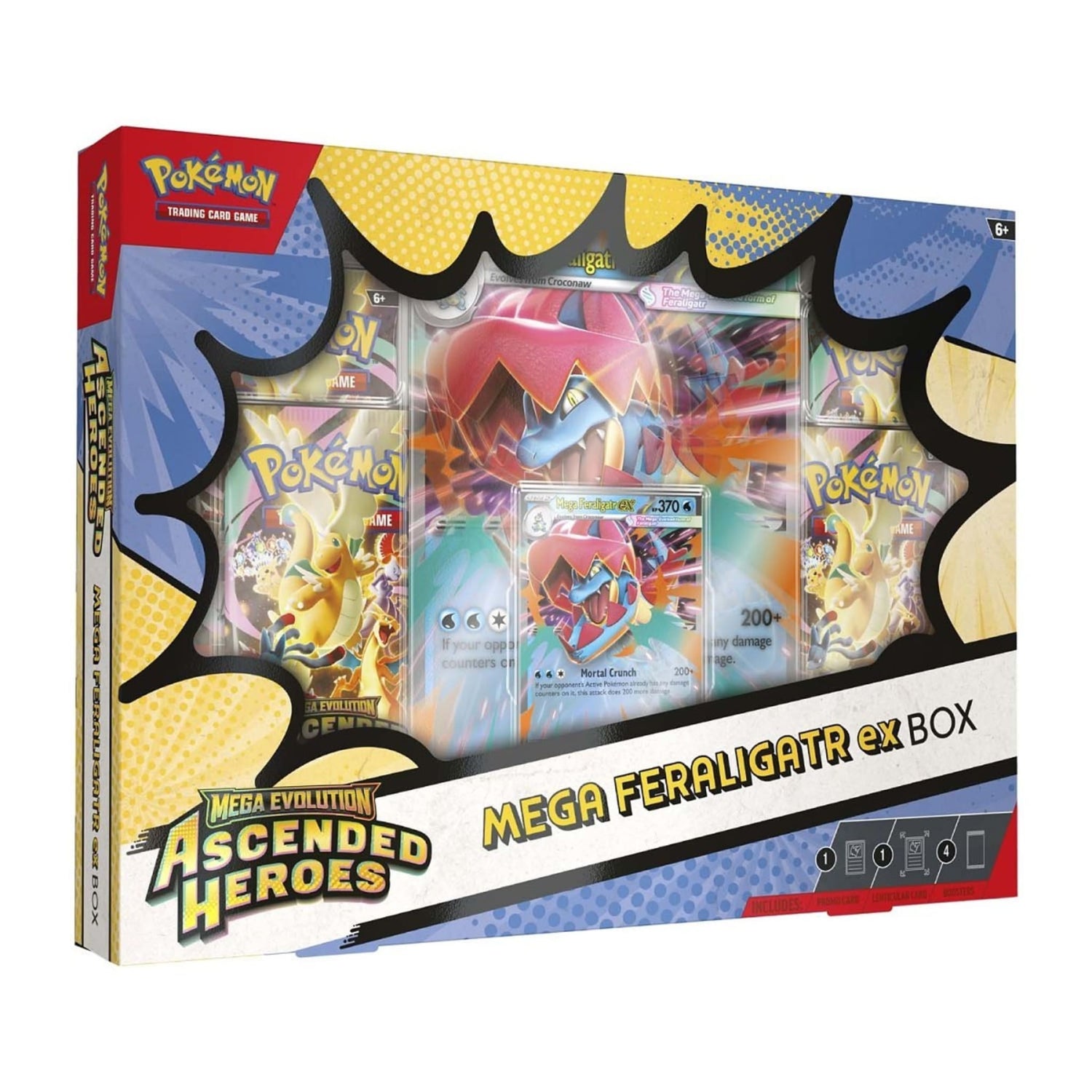 Sealed Pokémon TCG Mega Feraligatr ex Box (Mega Evolution—Ascended Heroes) showing foil promo card, oversize lenticular card and four booster packs
