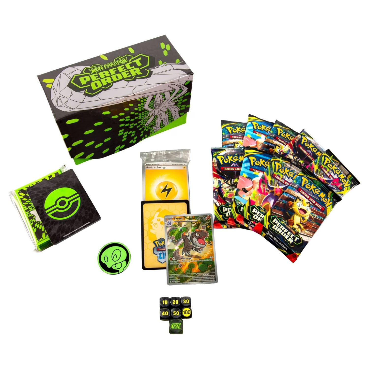 Sealed Pokémon TCG Mega Evolution—Perfect Order Elite Trainer Box and contents: booster packs, full-art Tyrunt promo, sleeves, energy cards, dice, coin and collector’s box