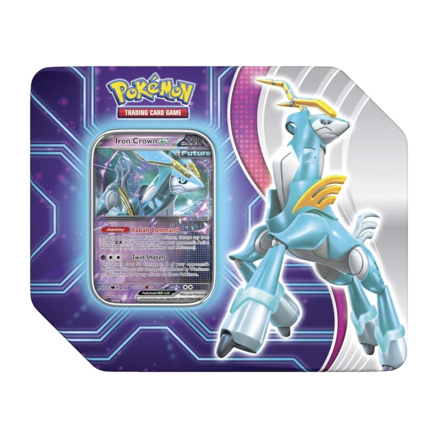 Sealed Pokémon Paradox Destinies Tin showing Iron Crown ex foil promo card, five booster packs and a Pokémon TCG Live code card