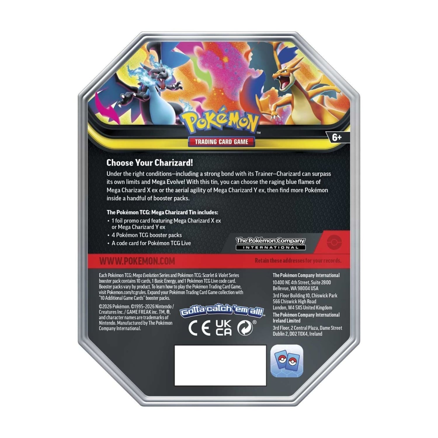 Sealed Pokémon Mega Charizard tin showing foil promo card window and included booster pack artwork