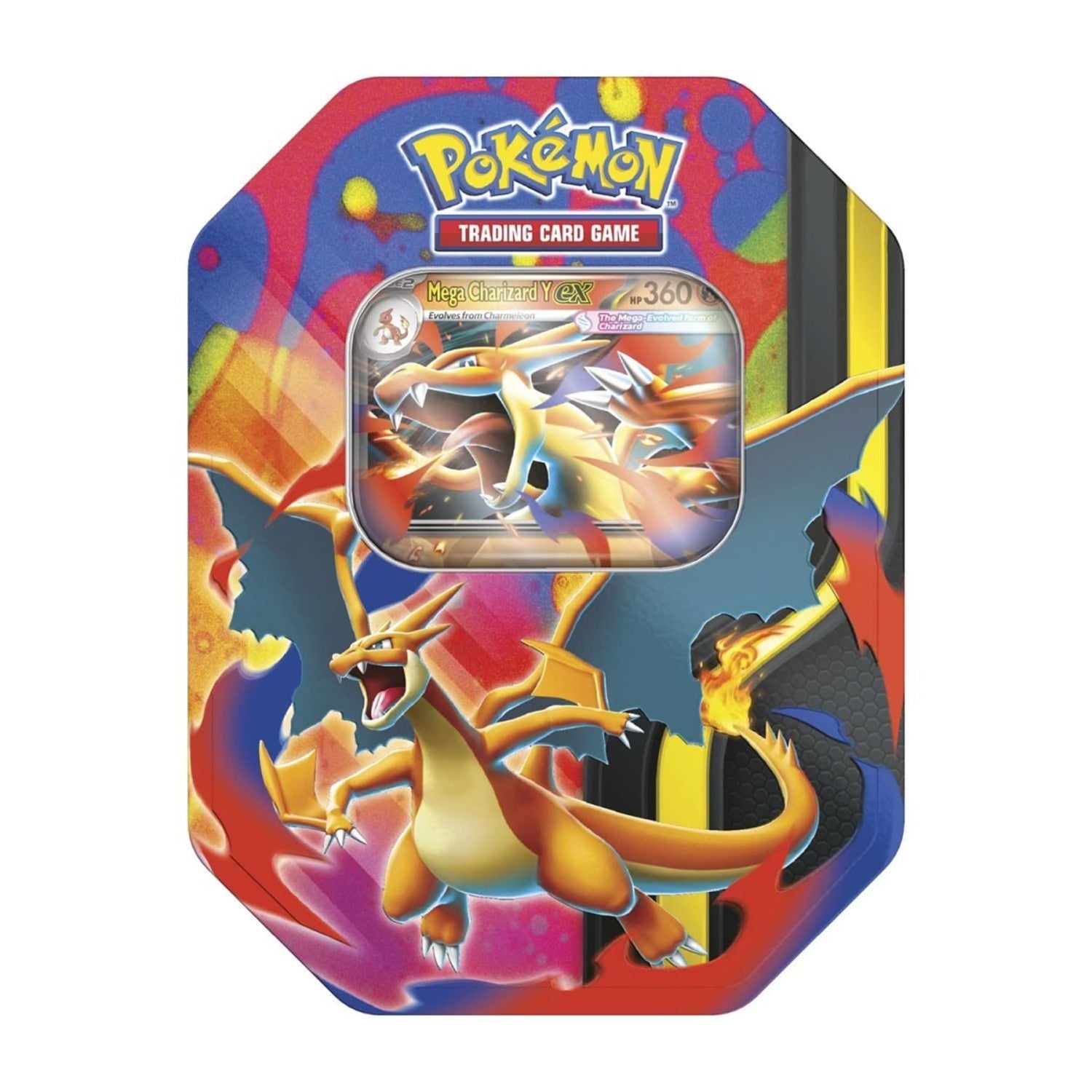 Sealed Pokémon Mega Charizard tin showing foil promo card window and included booster pack artwork