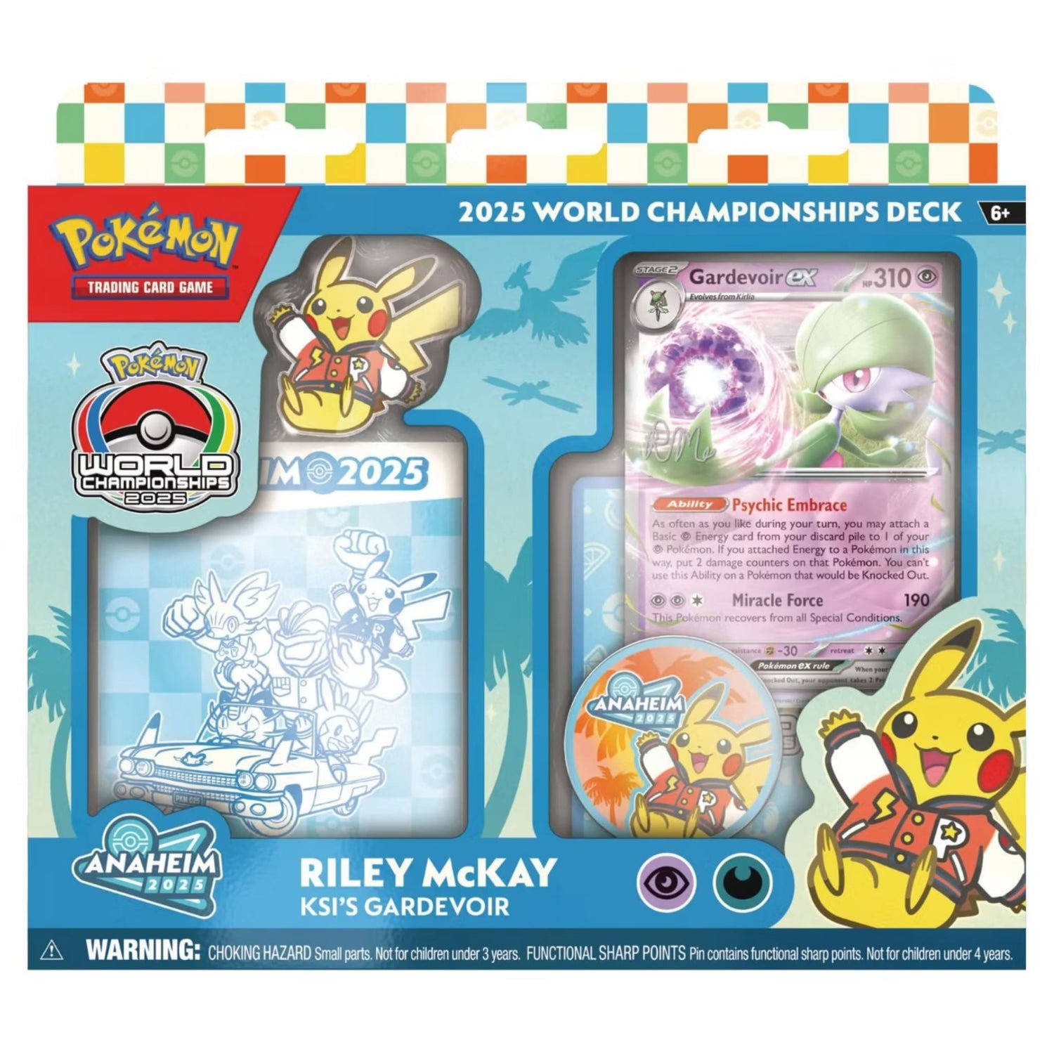 Sealed Pokémon 2025 World Championships boxed set featuring Riley McKay's Gardevoir deck, Pikachu pin, coin, playmat and World Championships branding