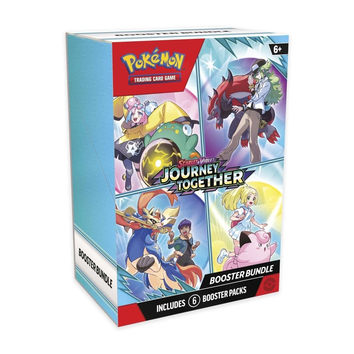 Sealed Pokémon TCG Scarlet & Violet — Journey Together booster bundle box showing artwork and "Includes 6 Booster Packs"