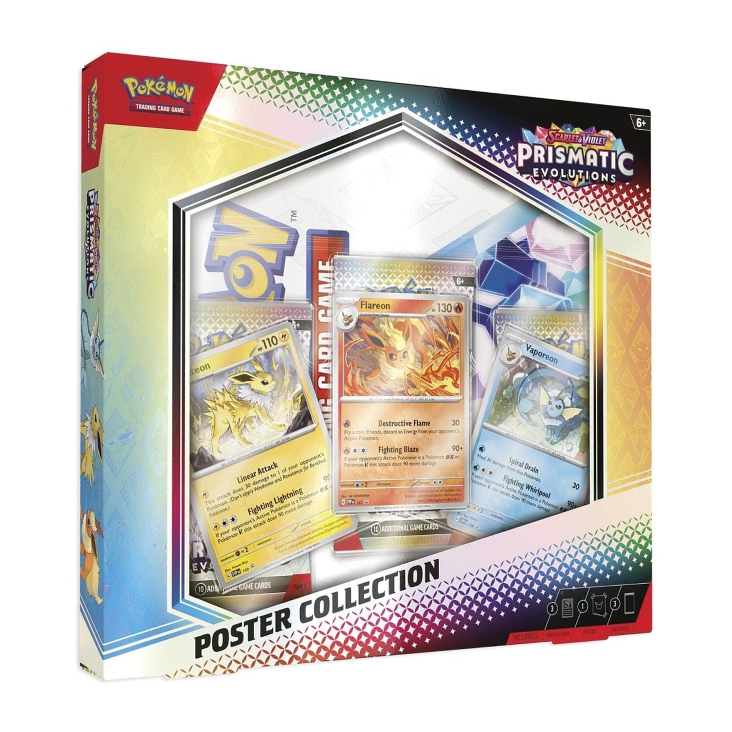 Sealed Pokémon Scarlet & Violet — Prismatic Evolutions Poster Collection box showing Flareon, Vaporeon and Jolteon foil promo cards, poster art, and three booster packs