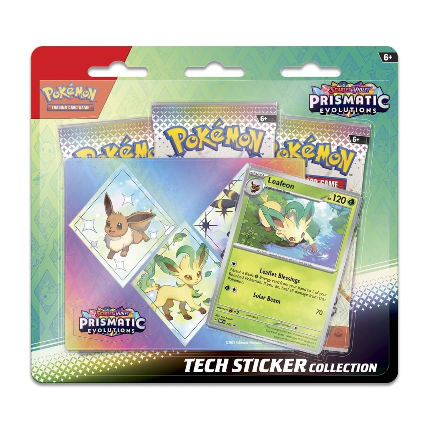 Sealed Pokémon TCG Prismatic Evolutions Tech Sticker Collection blister pack showing Leafeon foil promo, sticker sheet, three booster packs, and TCG Live code card.