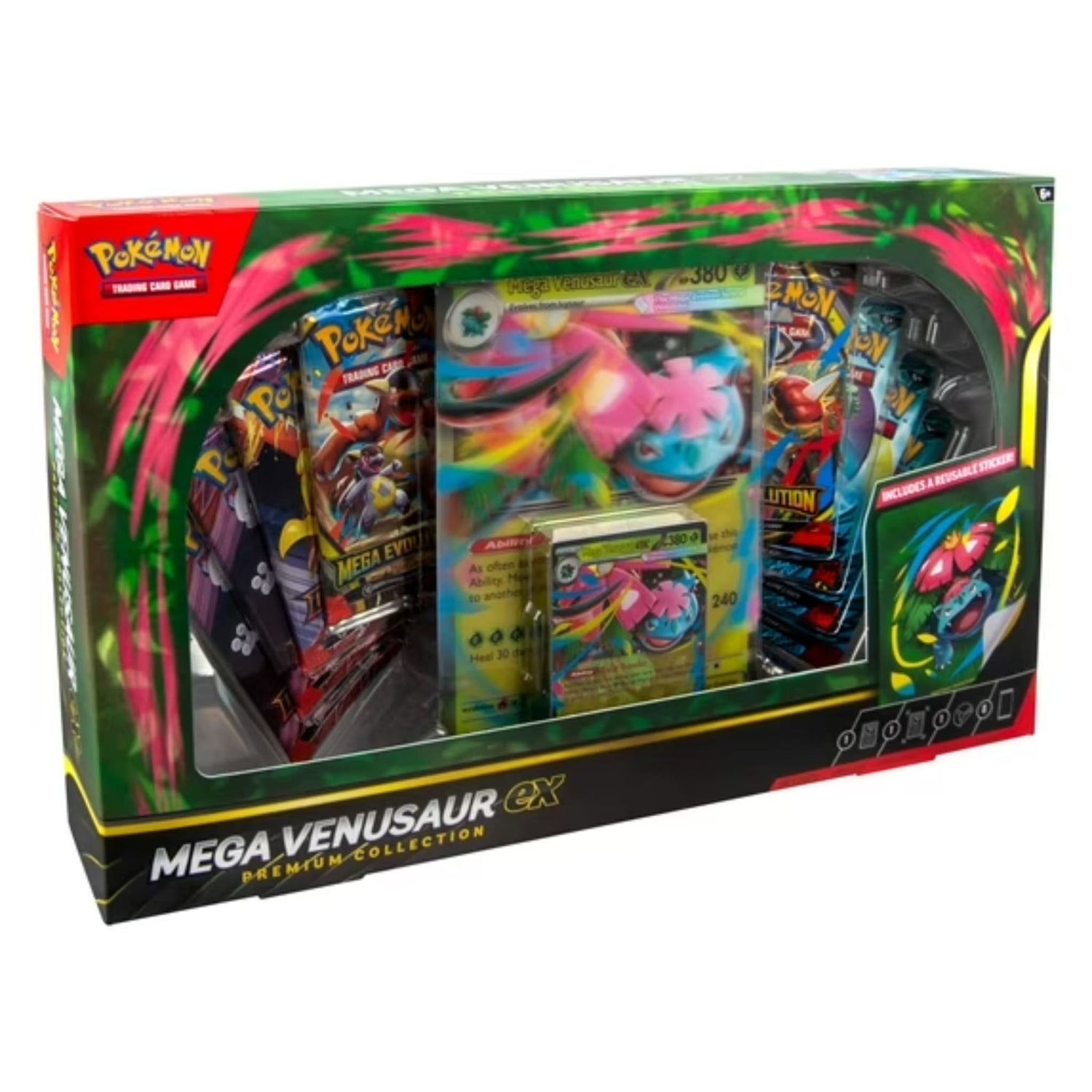 Sealed Pokémon TCG Mega Venusaur ex Premium Collection box showing foil promo, oversize lenticular, tech sticker and booster packs