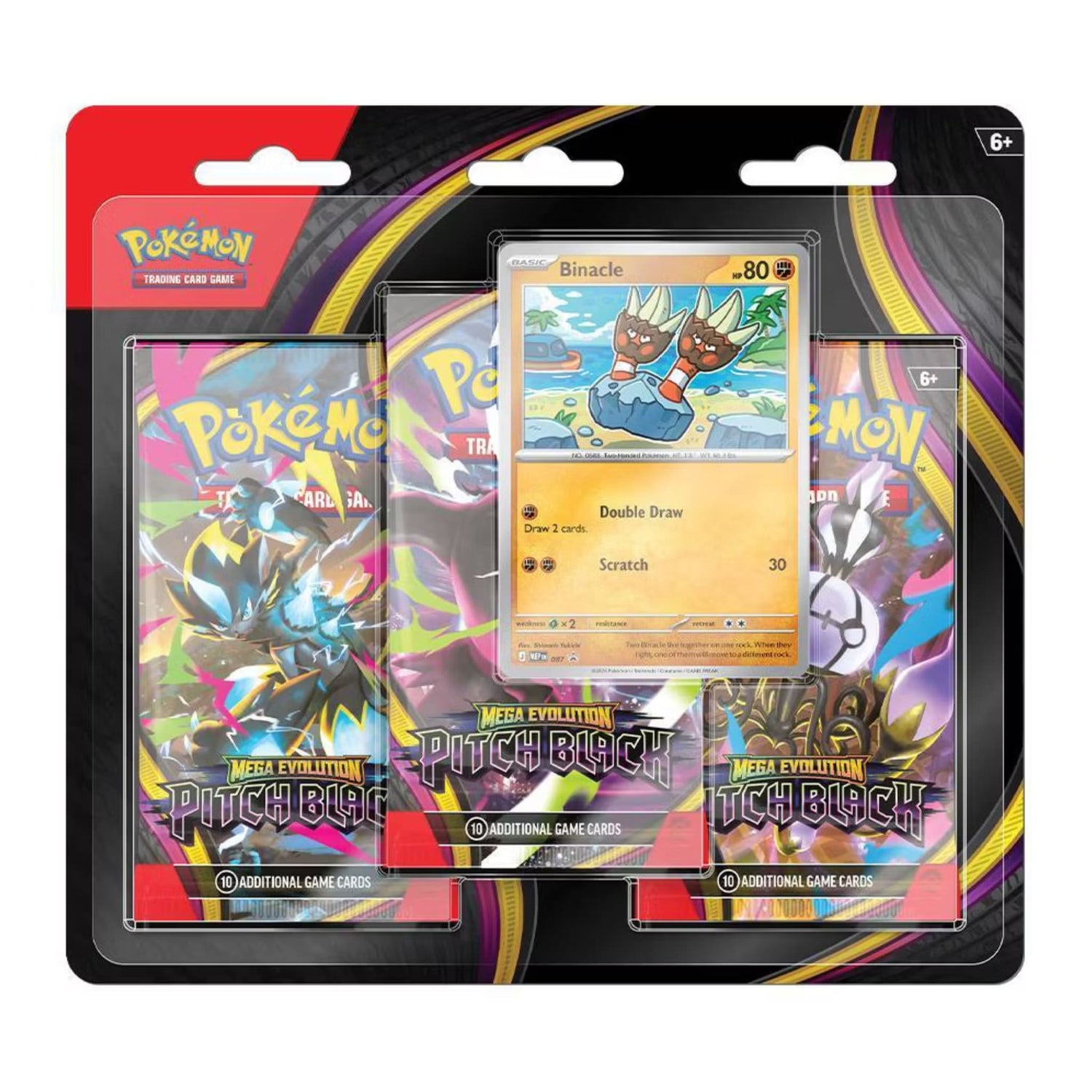 Sealed Pokémon TCG Mega Evolution—Pitch Black retail blister showing three booster packs and a foil promo card (Binacle visible)