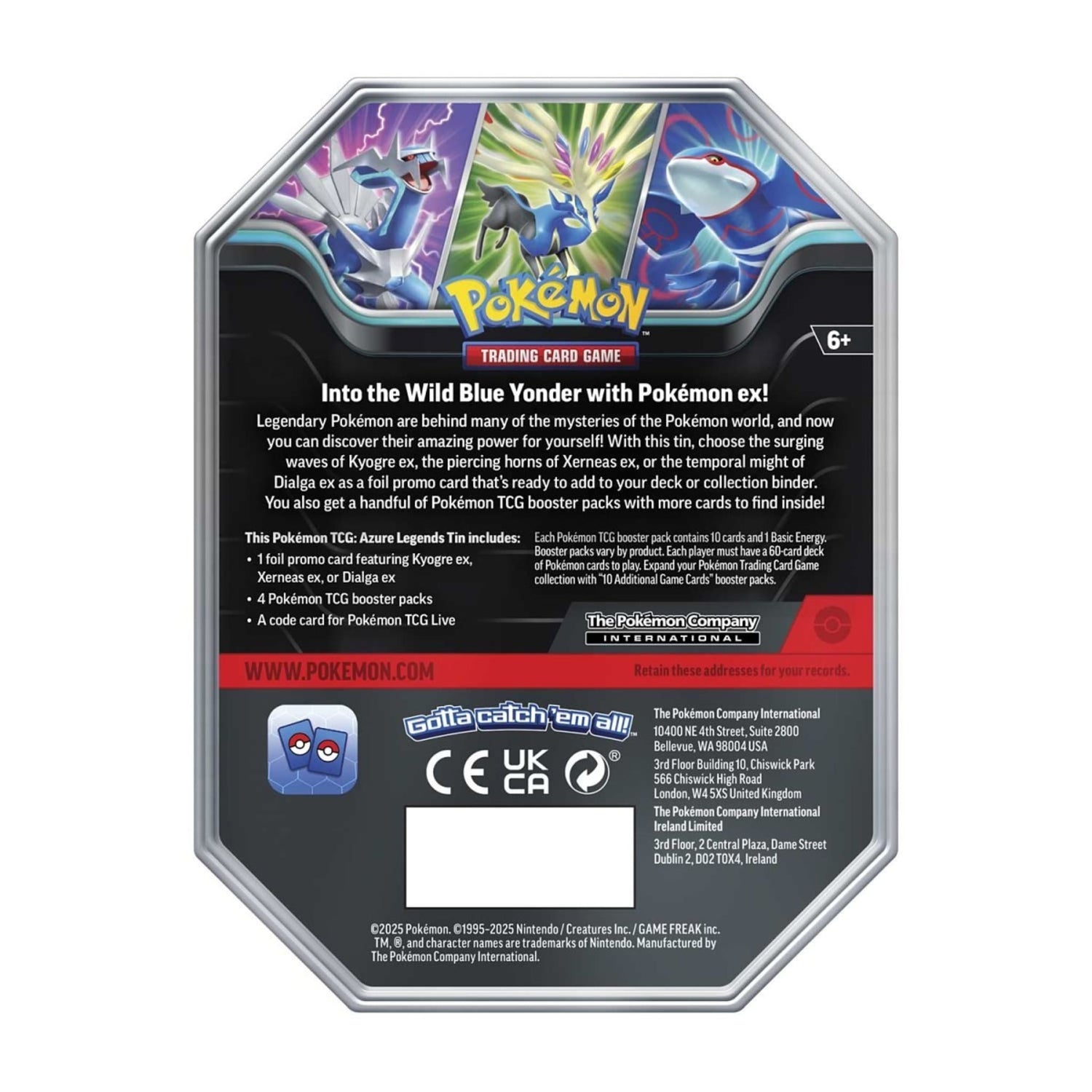 Azure Legends metal tin showing Kyogre ex foil promo card, booster pack images and Pokémon TCG Live code card.