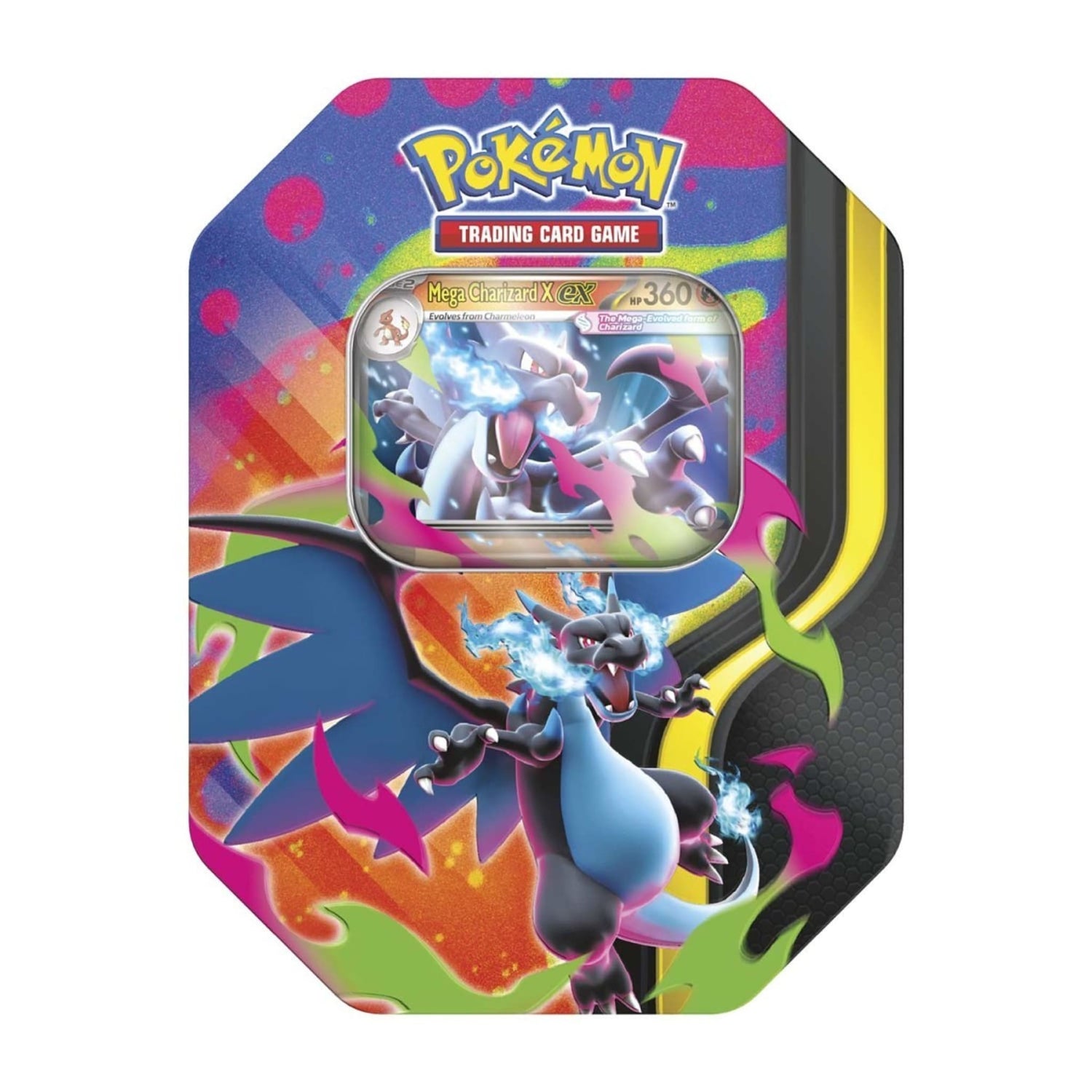 Sealed Pokémon TCG Mega Charizard tin showing the foil Mega Charizard X ex promo in the tin window and four booster pack artworks