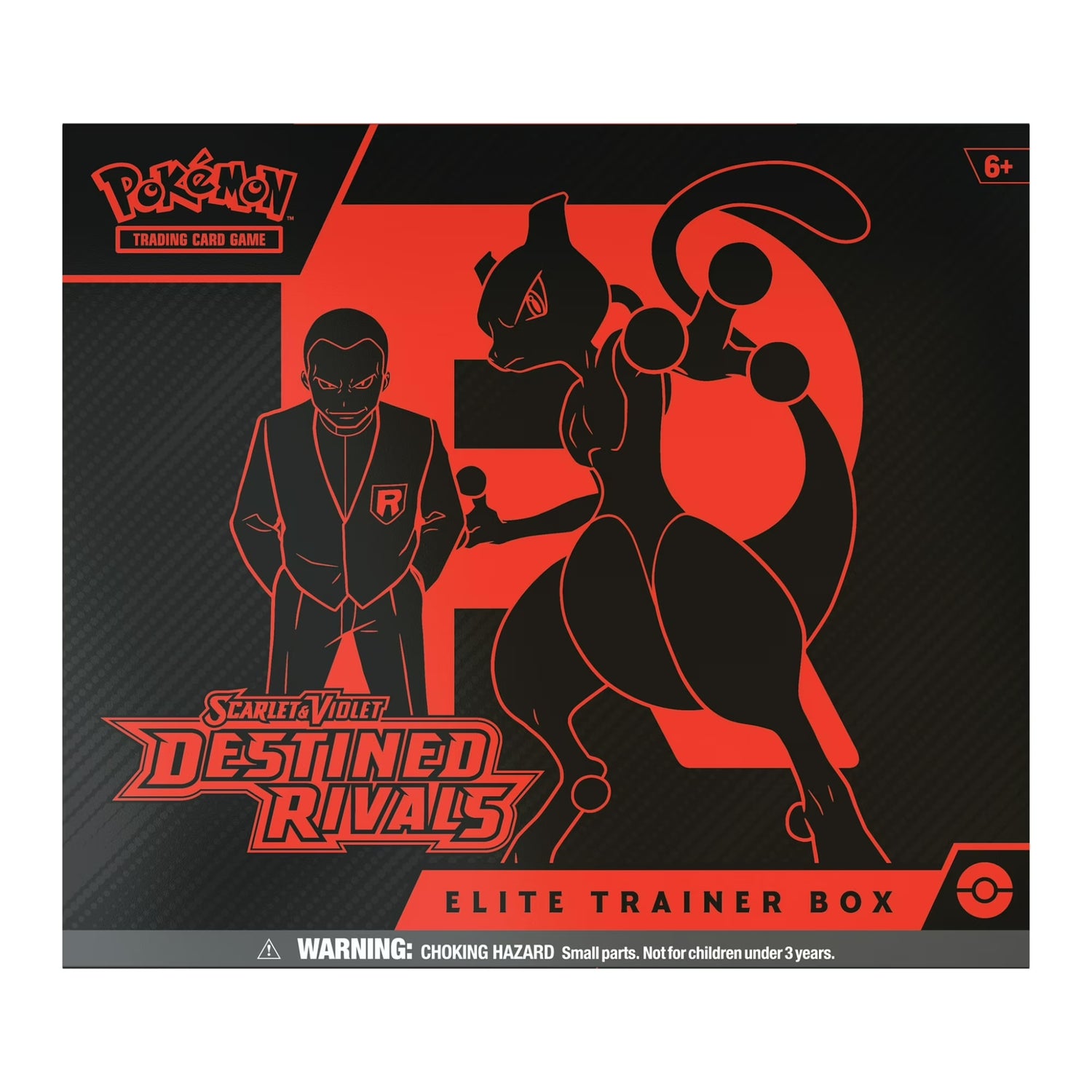 Factory-sealed Pokémon Scarlet & Violet Elite Trainer Box with red-and-black Team Rocket/Mewtwo artwork and sealed booster pack art