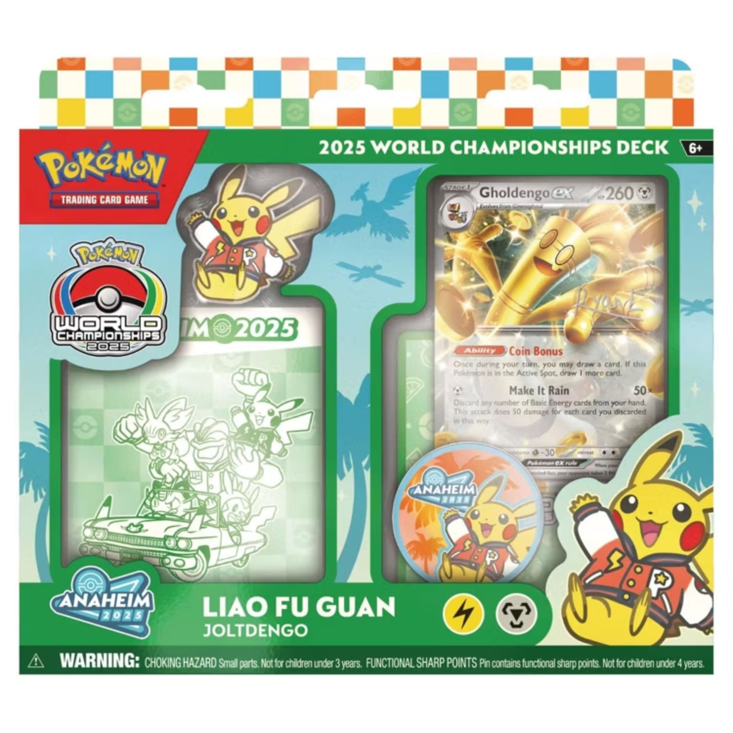 Sealed Pokémon 2025 World Championships Deck box front showing Pikachu pin, Gholdengo ex card art and Anaheim 2025 World Championships badge