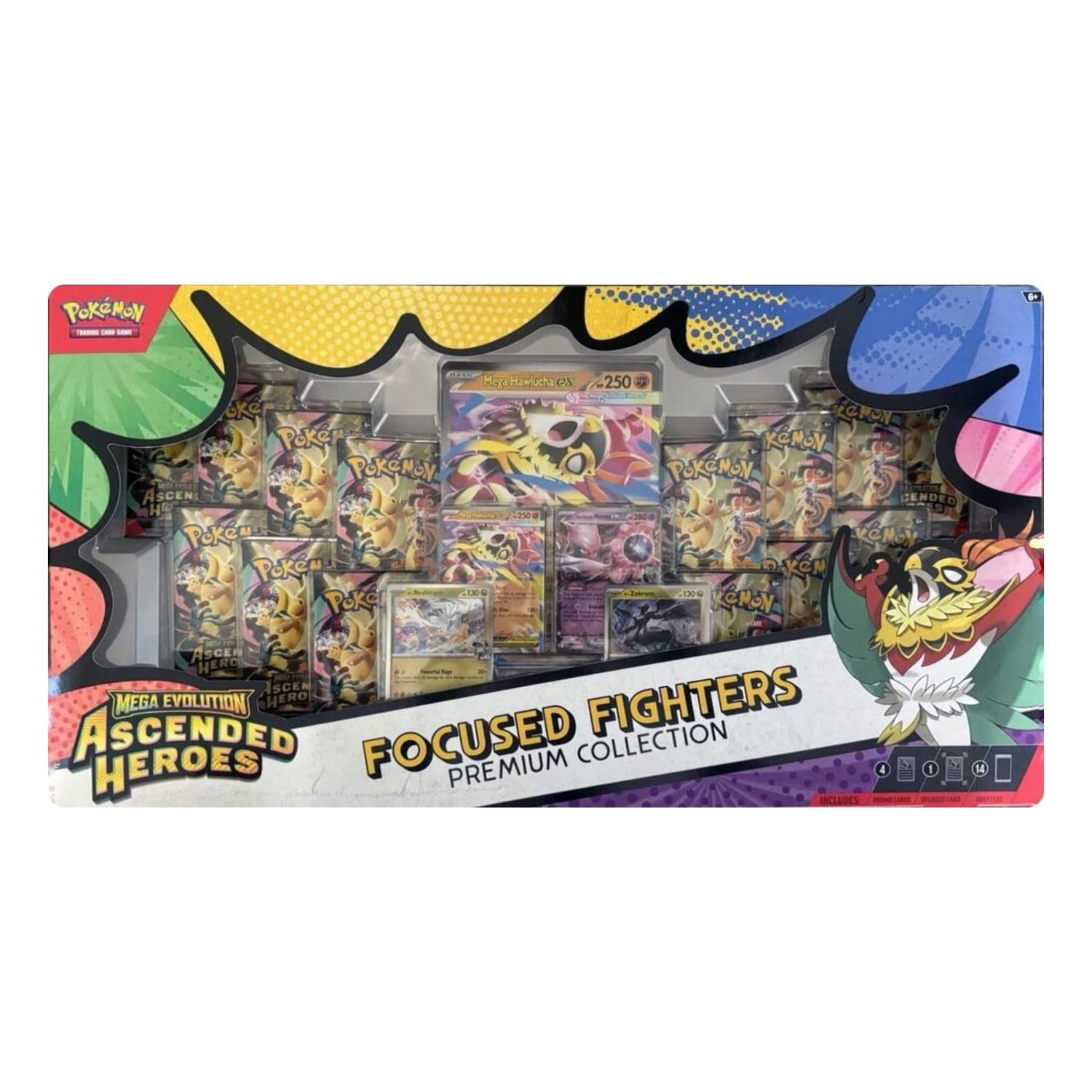 Sealed Pokémon Ascended Heroes Focused Fighters Premium Collection box showing foil promo cards and 14 booster packs