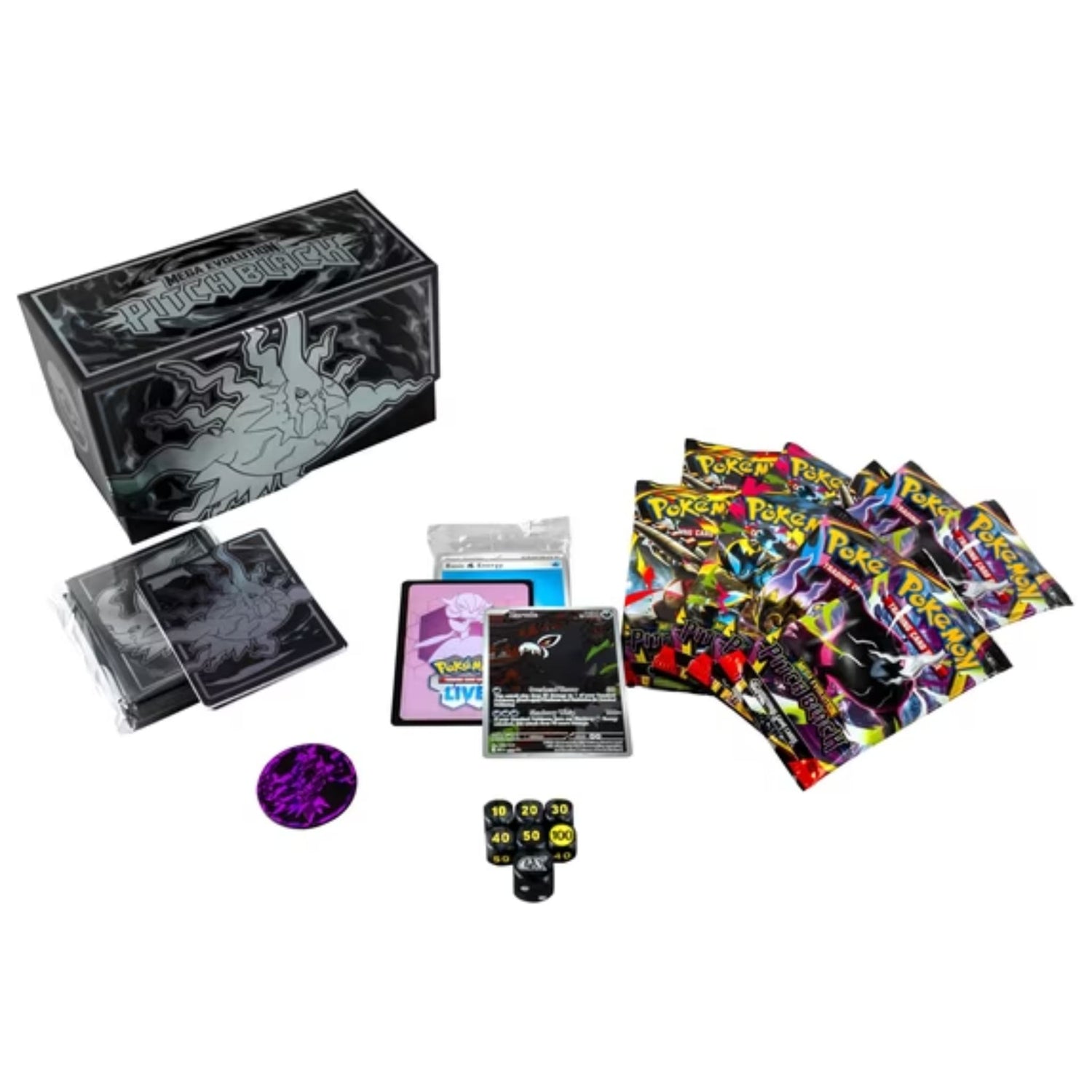 Sealed Pokémon TCG Mega Evolution—Pitch Black Elite Trainer Box with shown contents (booster packs, sleeves, promo, dice, tokens)