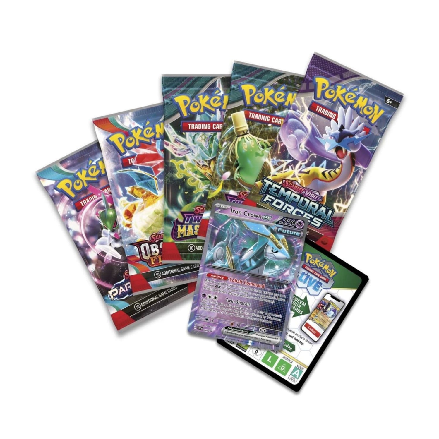 Sealed Pokémon Paradox Destinies Tin showing Iron Crown ex foil promo card, five booster packs and a Pokémon TCG Live code card