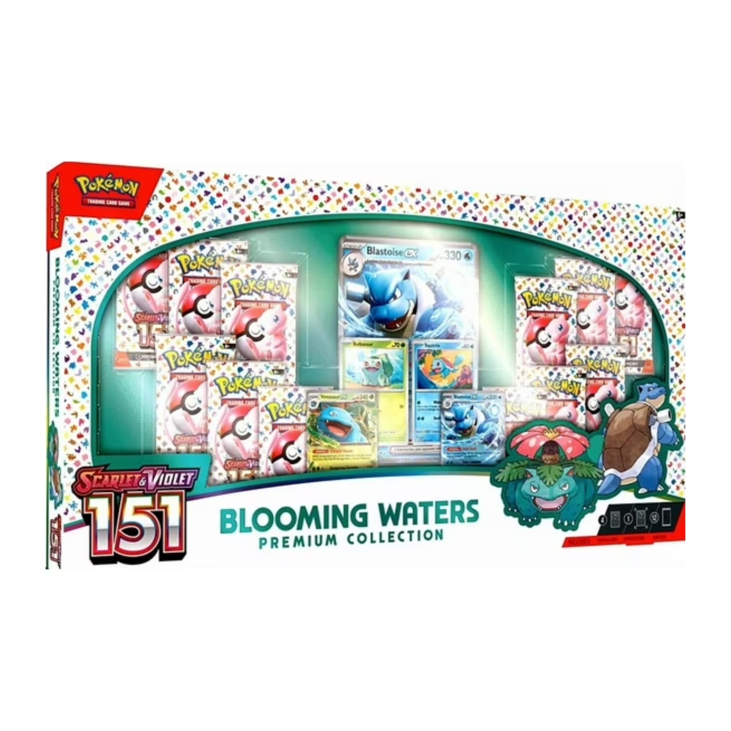 Pokémon TCG Blooming Waters 151 Premium Collection — sealed box showing promo foil cards and booster packs