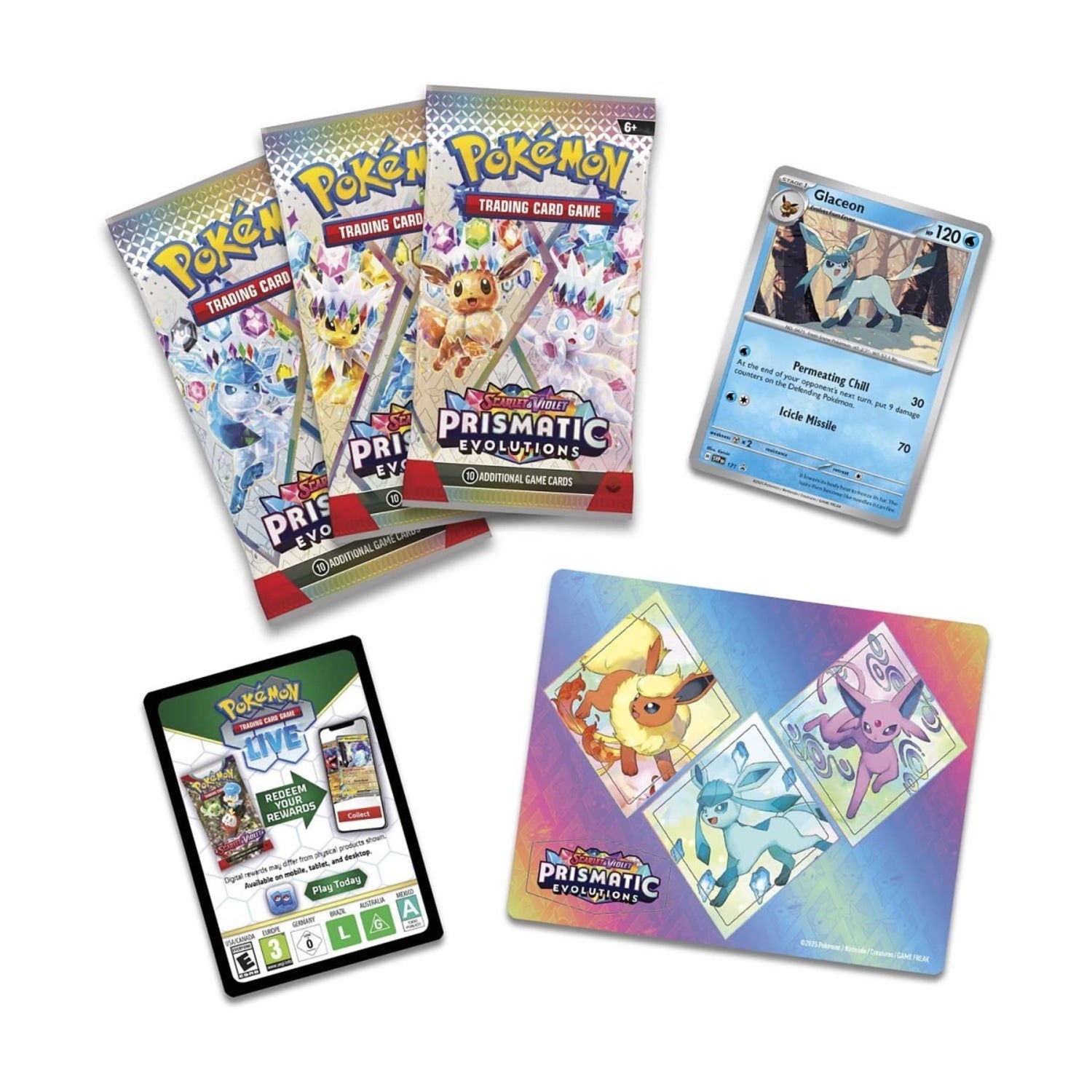 Packaged Pokémon TCG Scarlet & Violet Prismatic Evolutions Tech Sticker Collection showing Glaceon foil promo, tech sticker sheet, and three booster packs