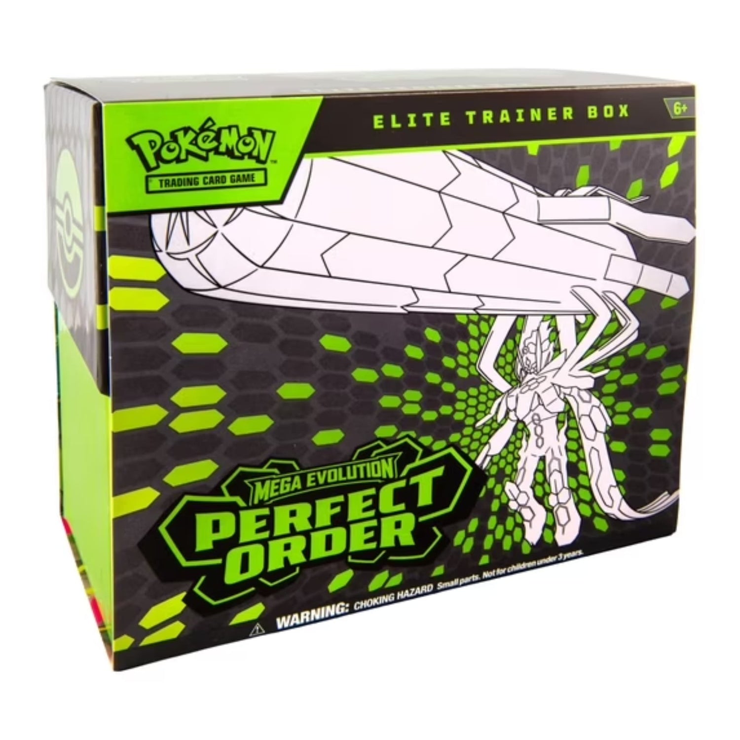 Sealed Pokémon TCG Mega Evolution—Perfect Order Elite Trainer Box and contents: booster packs, full-art Tyrunt promo, sleeves, energy cards, dice, coin and collector’s box