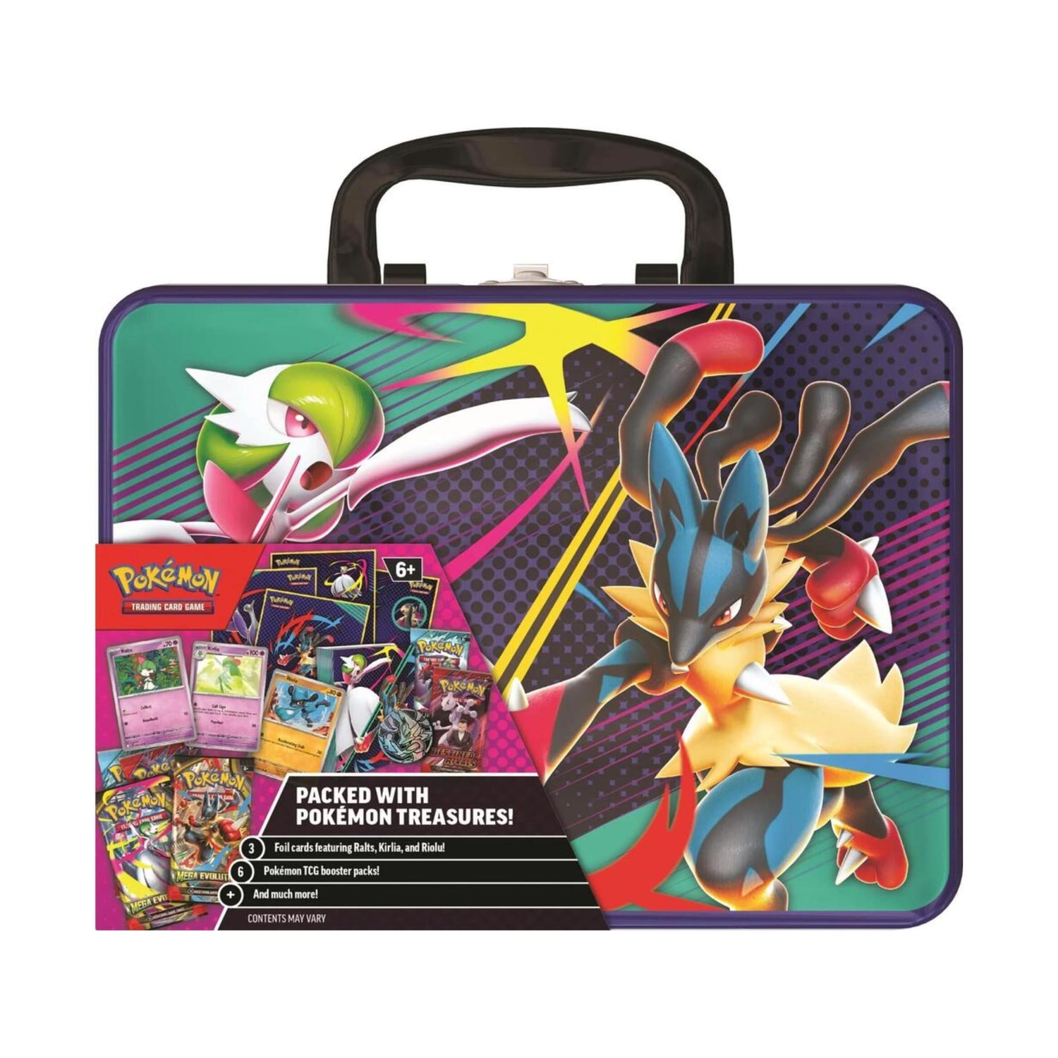 Sealed Pokémon TCG Collector Chest metal tin with colorful Pokémon artwork and displayed contents (booster packs, foil cards, Mega Lucario coin, portfolio, stickers).