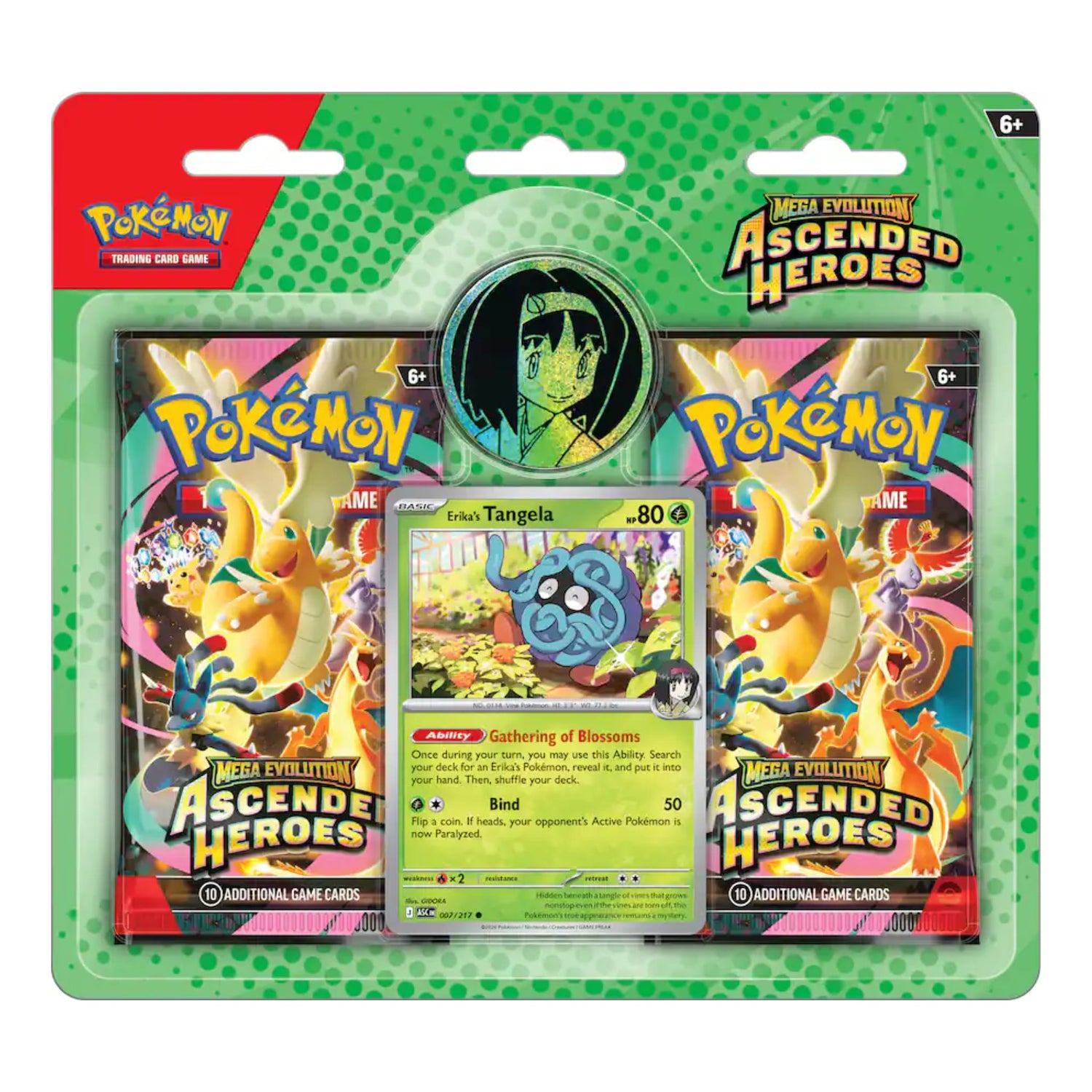 Sealed Pokémon TCG Mega Evolution—Ascended Heroes Erika collection blister showing Erika's Tangela foil promo card, Erika-themed metallic coin, and two Ascended Heroes booster packs.
