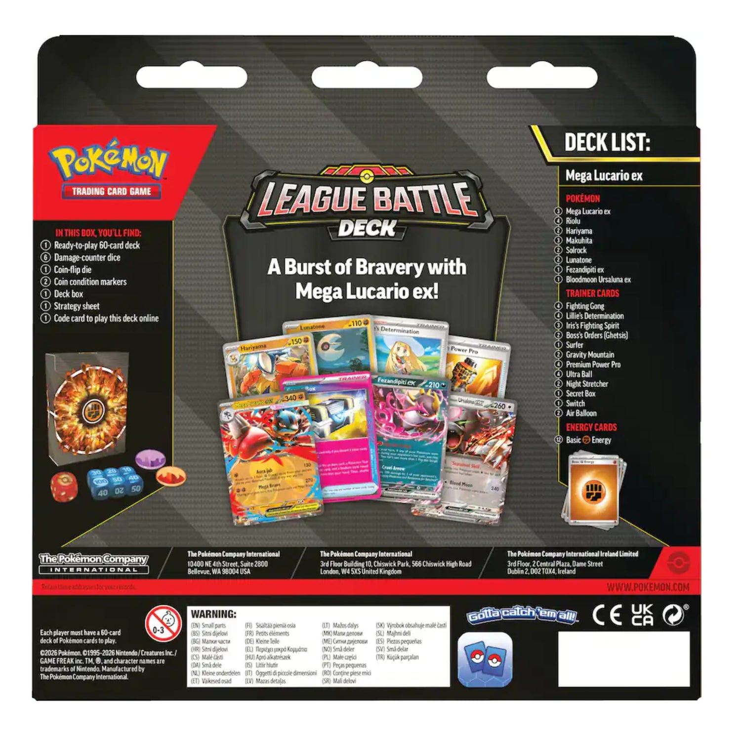 Sealed Pokémon League Battle Deck box featuring Mega Lucario ex — includes ready-to-play 60-card deck and accessories.