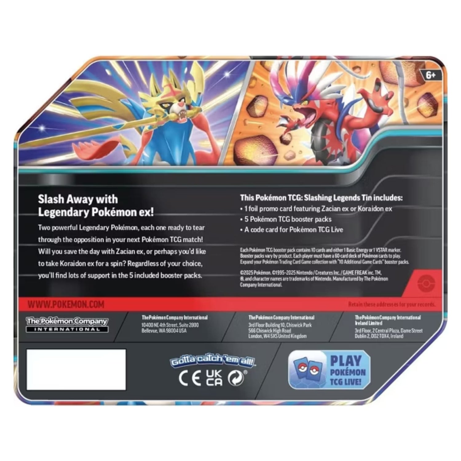 Pokémon Slashing Legends metal tin featuring Zacian ex and Koraidon ex artwork and a visible foil promo card — factory sealed