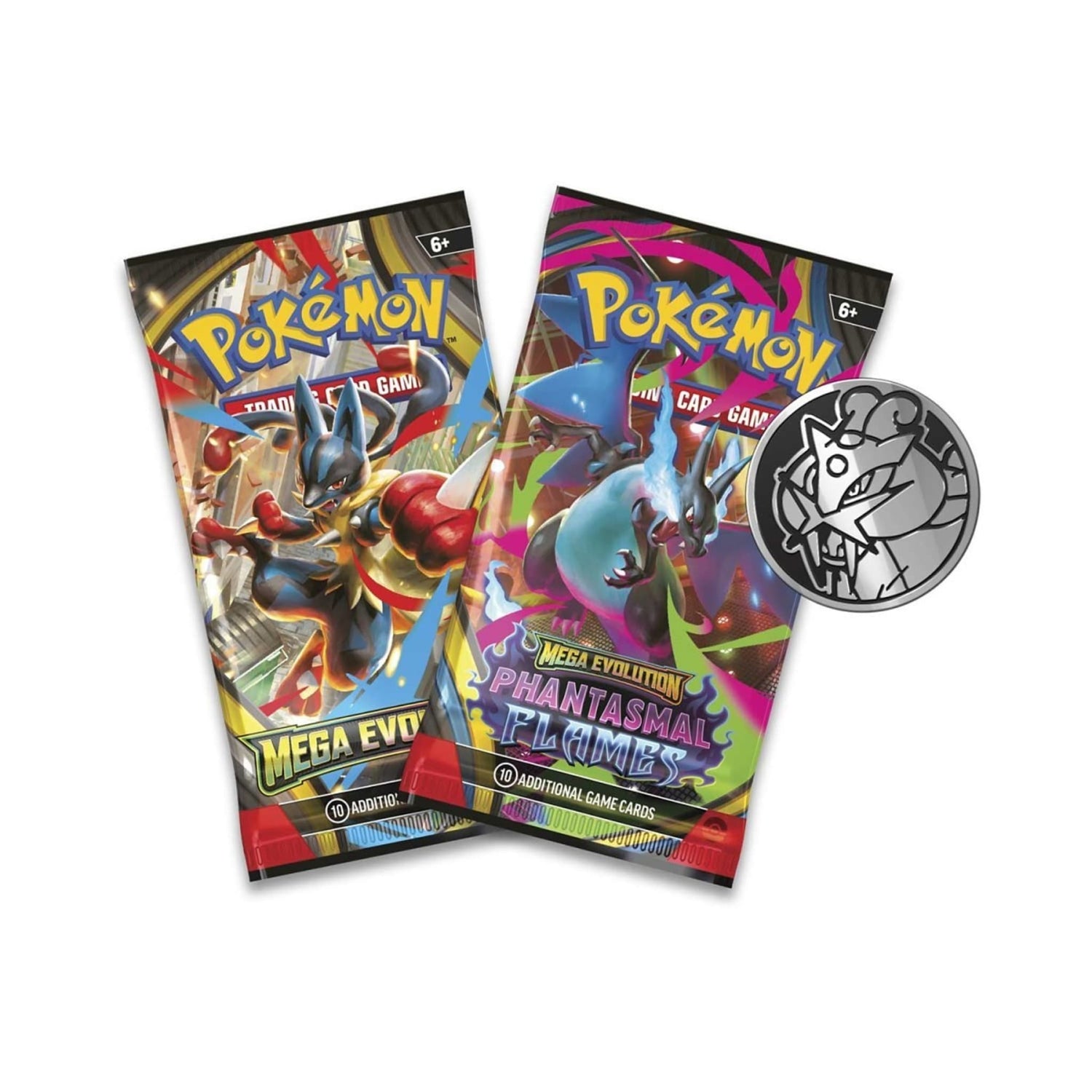 Sealed Pokémon TCG blister pack showing a foil Raikou promo card, a metallic coin and two booster packs