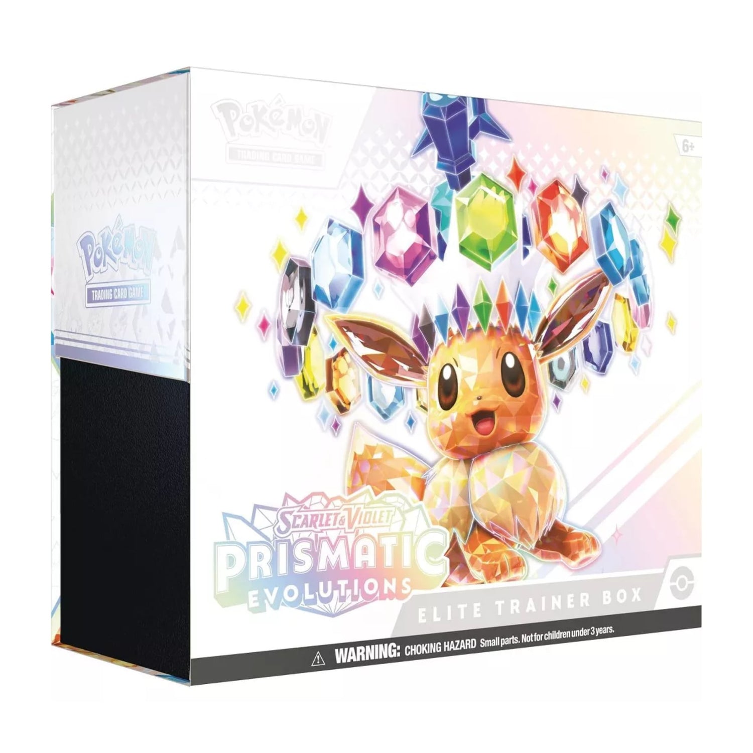 Sealed Pokémon Scarlet & Violet Prismatic Evolutions Elite Trainer Box featuring crystal-style Eevee artwork and contents: booster packs, promo card, sleeves, energy cards, dice, markers and player’s guide.