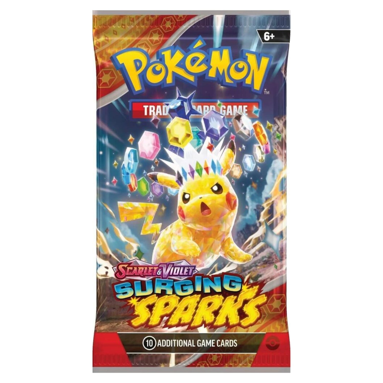 Sealed Pokémon TCG Surging Sparks booster pack front showing Pikachu artwork and '10 additional game cards' text on the pack.
