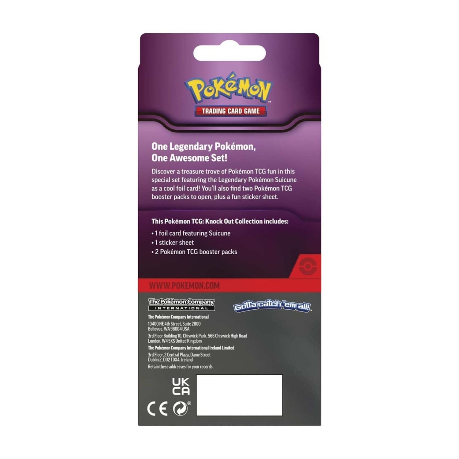 Sealed Pokémon Knock Out Collection package showing a foil Suicune card, sticker sheet and two booster packs.