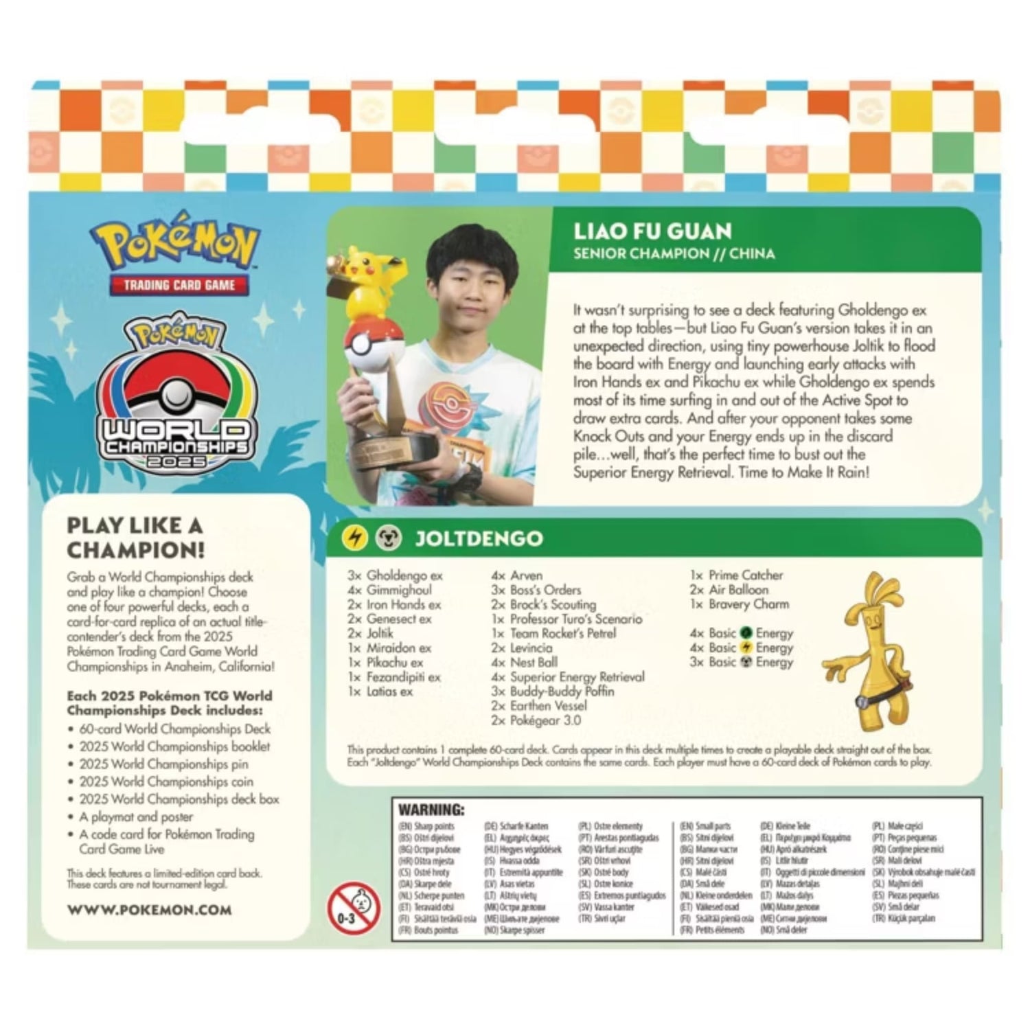Sealed Pokémon 2025 World Championships Deck box front showing Pikachu pin, Gholdengo ex card art and Anaheim 2025 World Championships badge