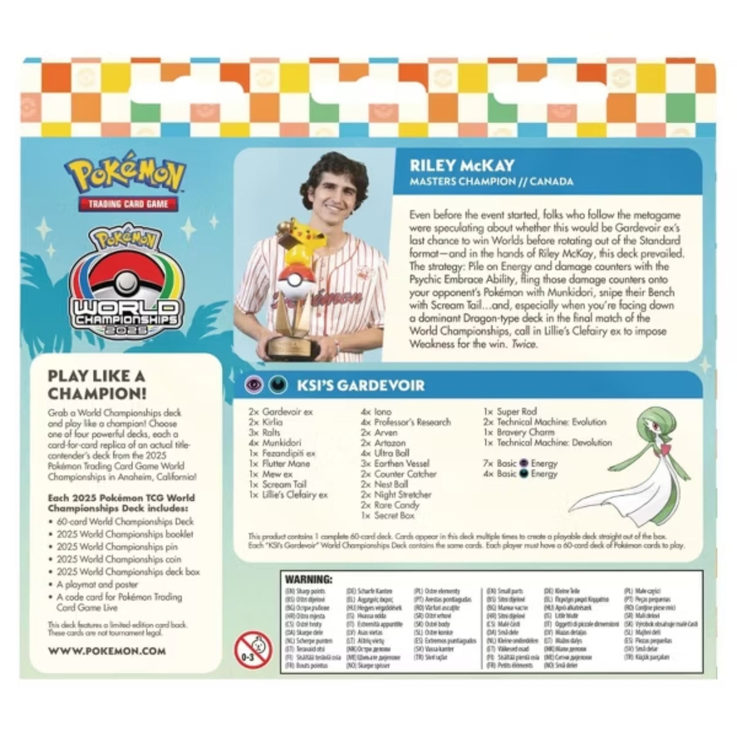 Sealed Pokémon 2025 World Championships boxed set featuring Riley McKay's Gardevoir deck, Pikachu pin, coin, playmat and World Championships branding