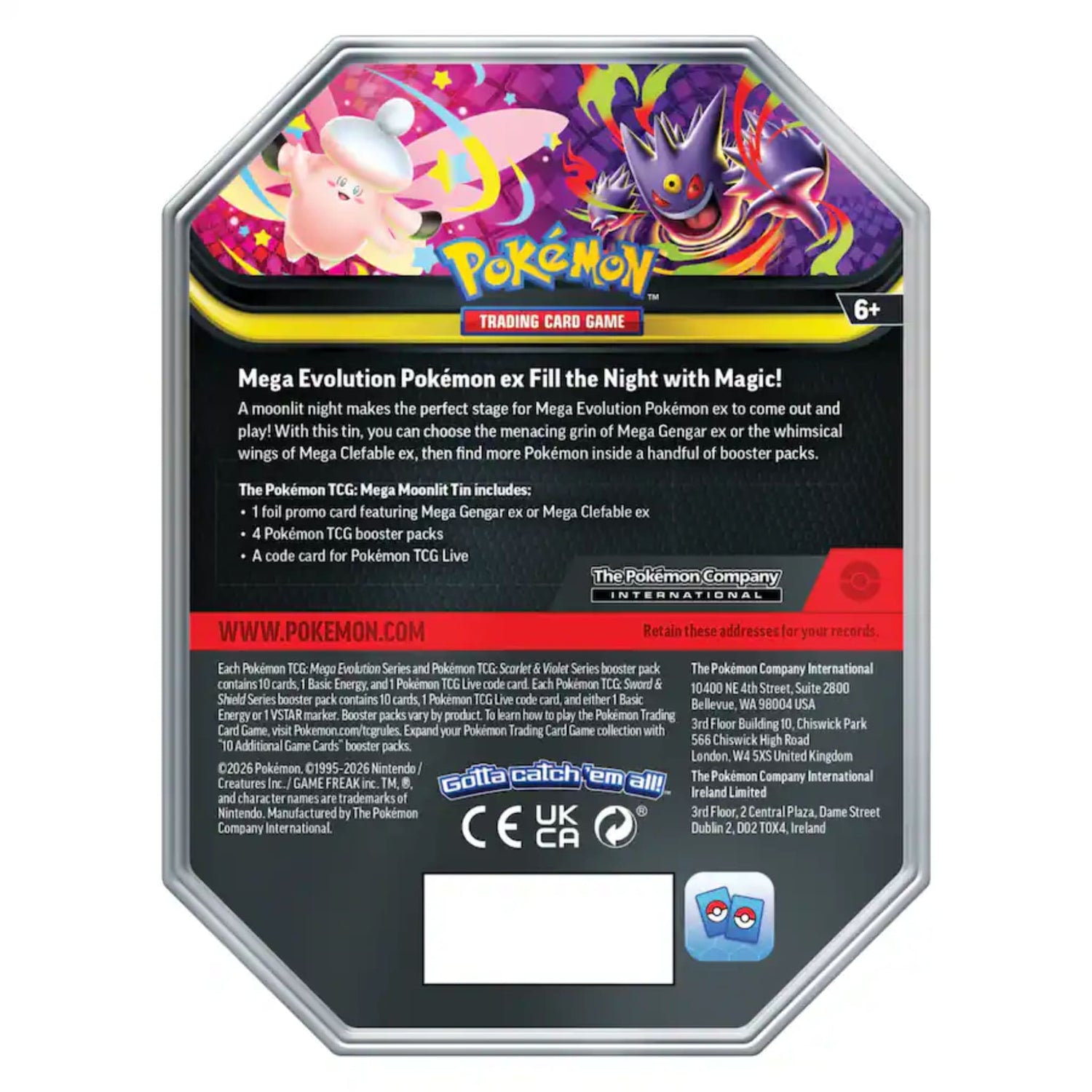 Sealed Pokémon Mega Moonlit Tin with Mega Clefable ex foil promo visible in window