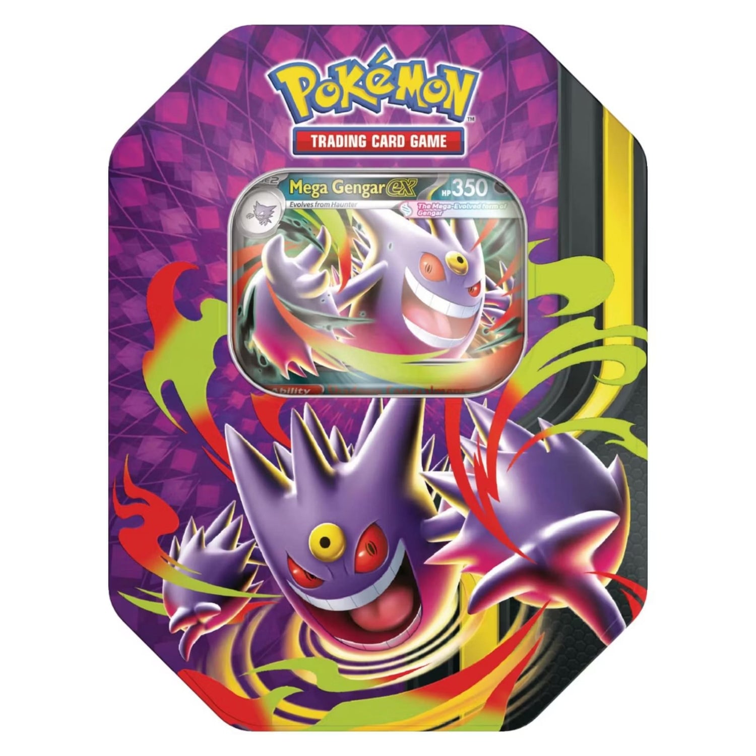 Sealed Pokémon tin showing Mega Gengar ex foil promo card artwork