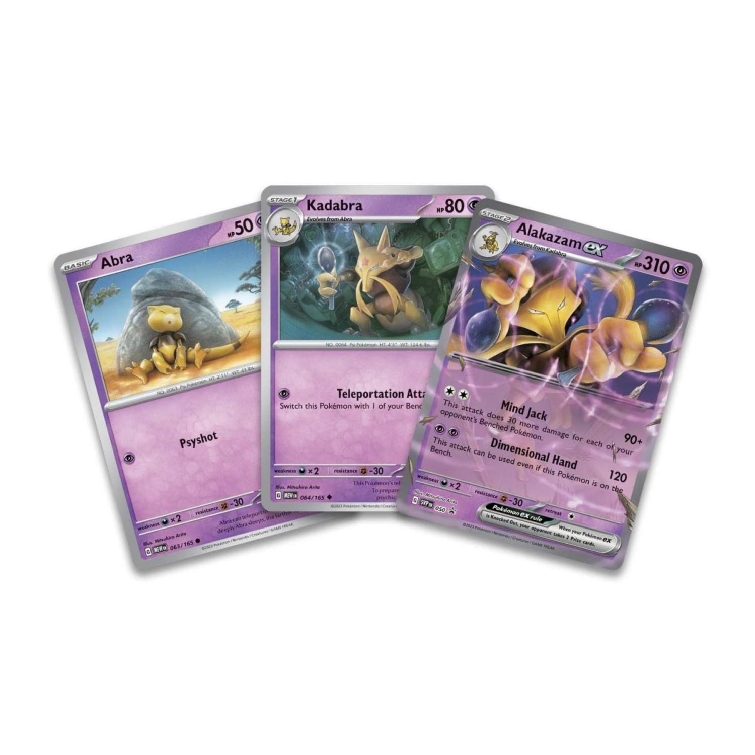 Sealed Pokémon Scarlet & Violet—151 Alakazam ex Collection box showing Alakazam ex promo card, Abra and Kadabra foil cards, and four booster packs.