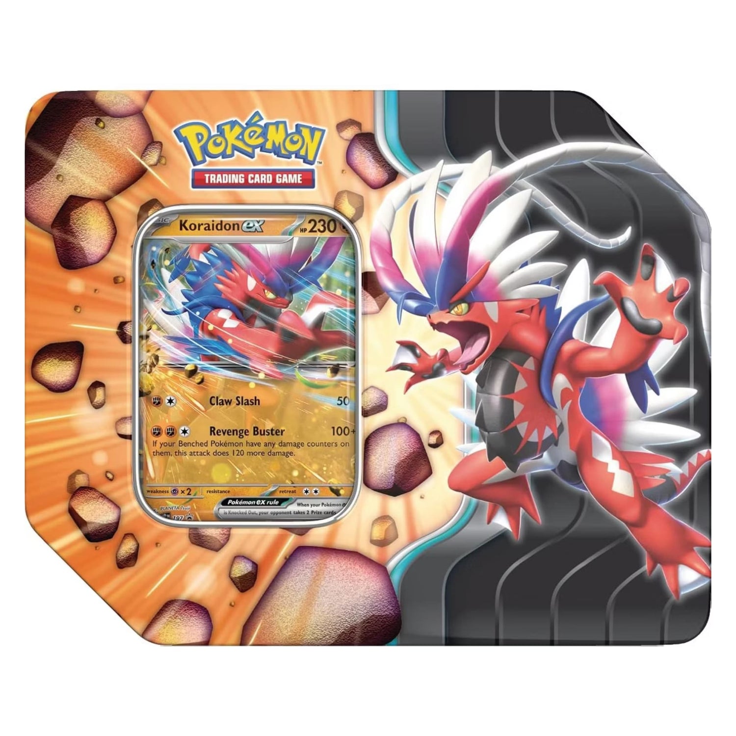 Pokémon Slashing Legends metal tin featuring Zacian ex and Koraidon ex artwork and a visible foil promo card — factory sealed