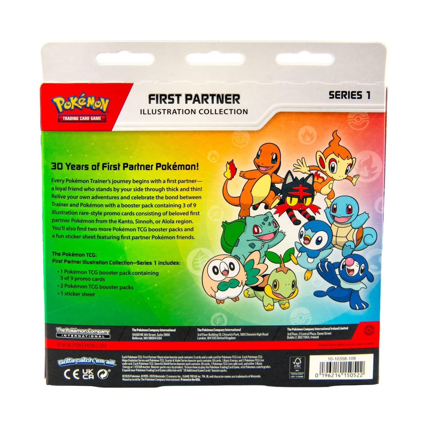 Sealed Pokémon TCG First Partner Illustration Collection Series 1 box showing promo cards and booster packs