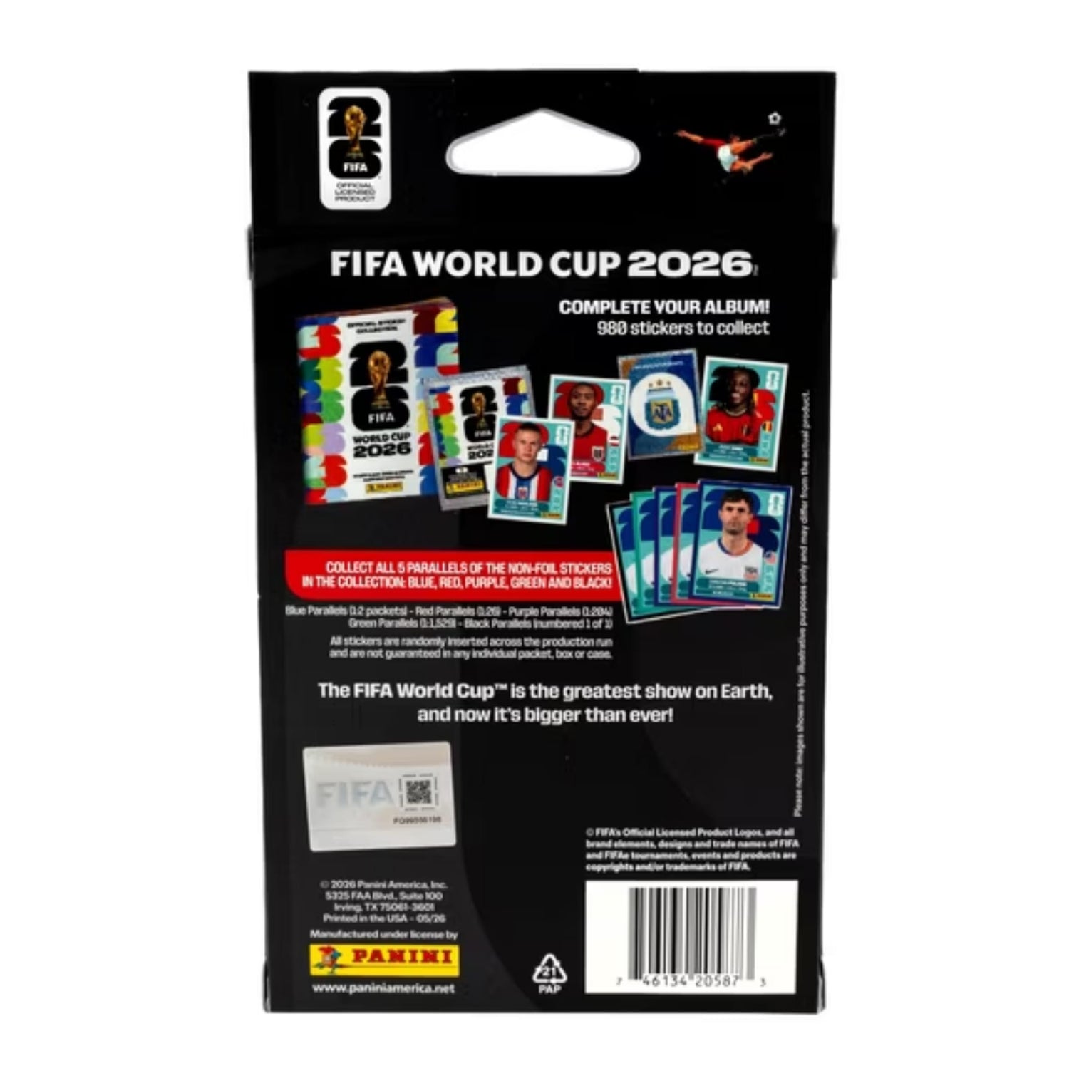 Panini FIFA World Cup 2026 sealed pack box – packaging shows 8 packets + 1 exclusive trading card and 56 stickers