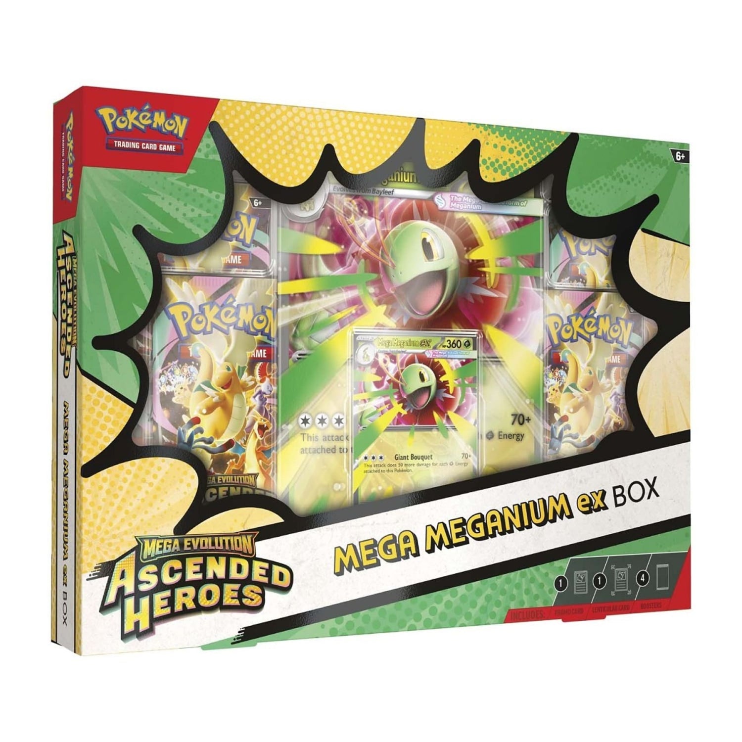 Windowed Pokémon TCG Mega Meganium ex Box showing the Mega Meganium ex foil promo, oversize lenticular card, and four Ascended Heroes booster packs