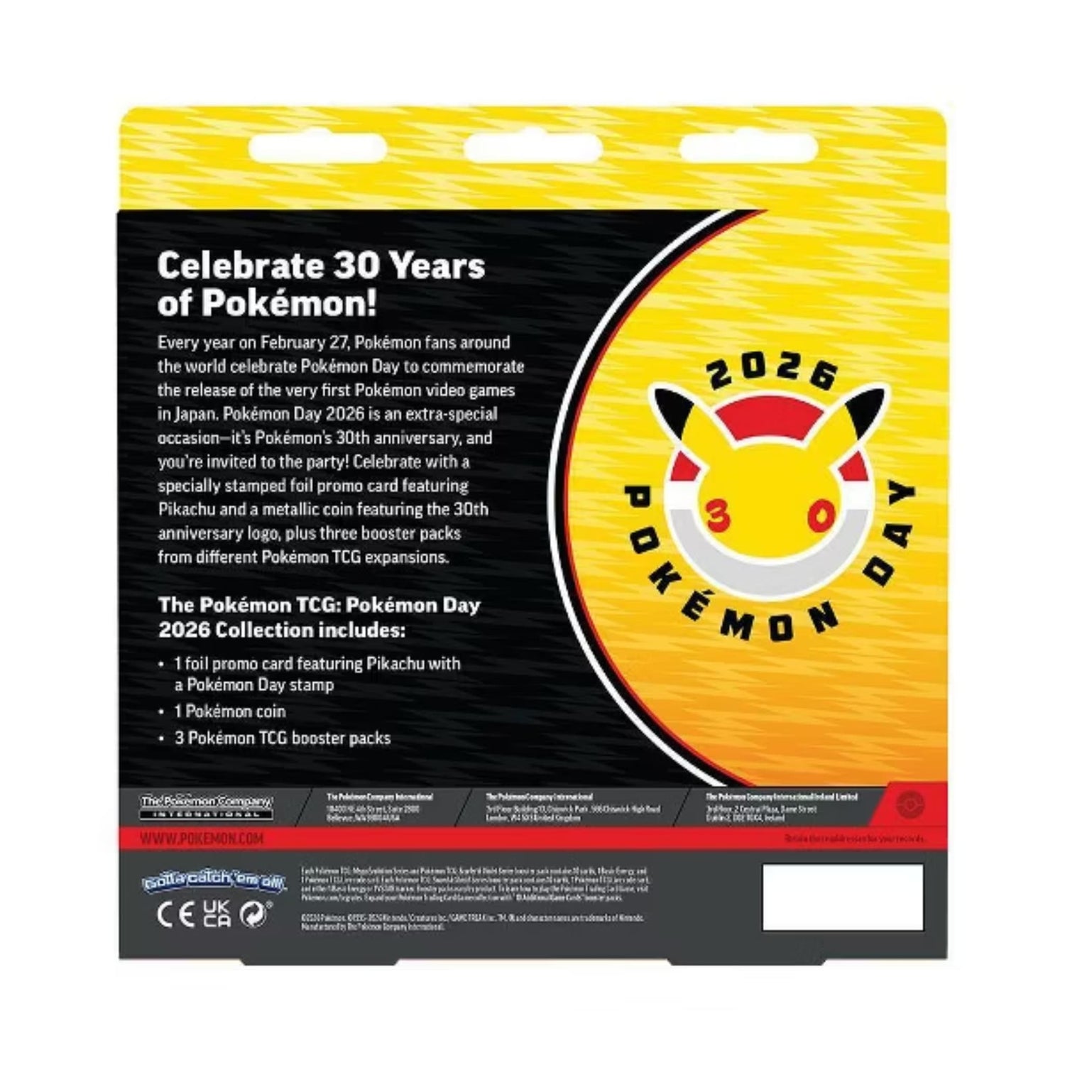 Sealed Pokémon Day 2026 collection box showing Pikachu foil promo card, 30th anniversary coin, and three booster packs.
